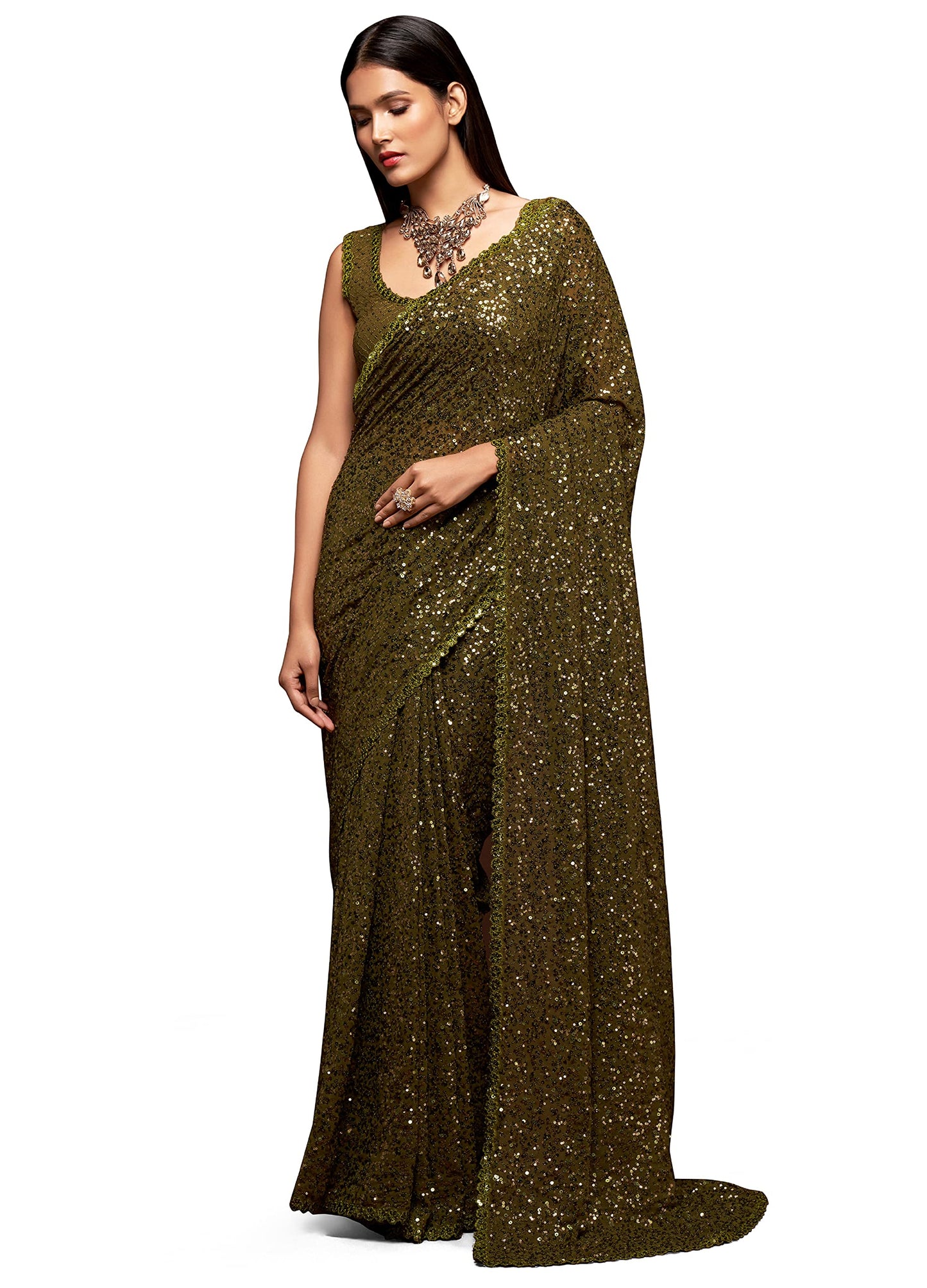 TRENDMALLS Women's Georgette Embroidery Sequin Work Saree with Unstitch Blouse Piece (K951-Mehndi)