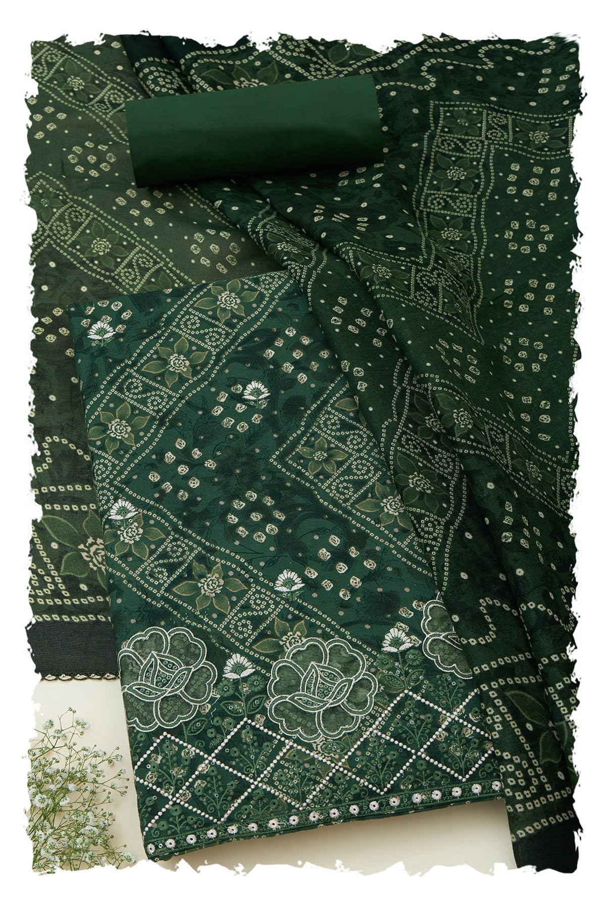 Soch Womens Green Rayon Bandhani Print Unstitched Dress Material With Sequins