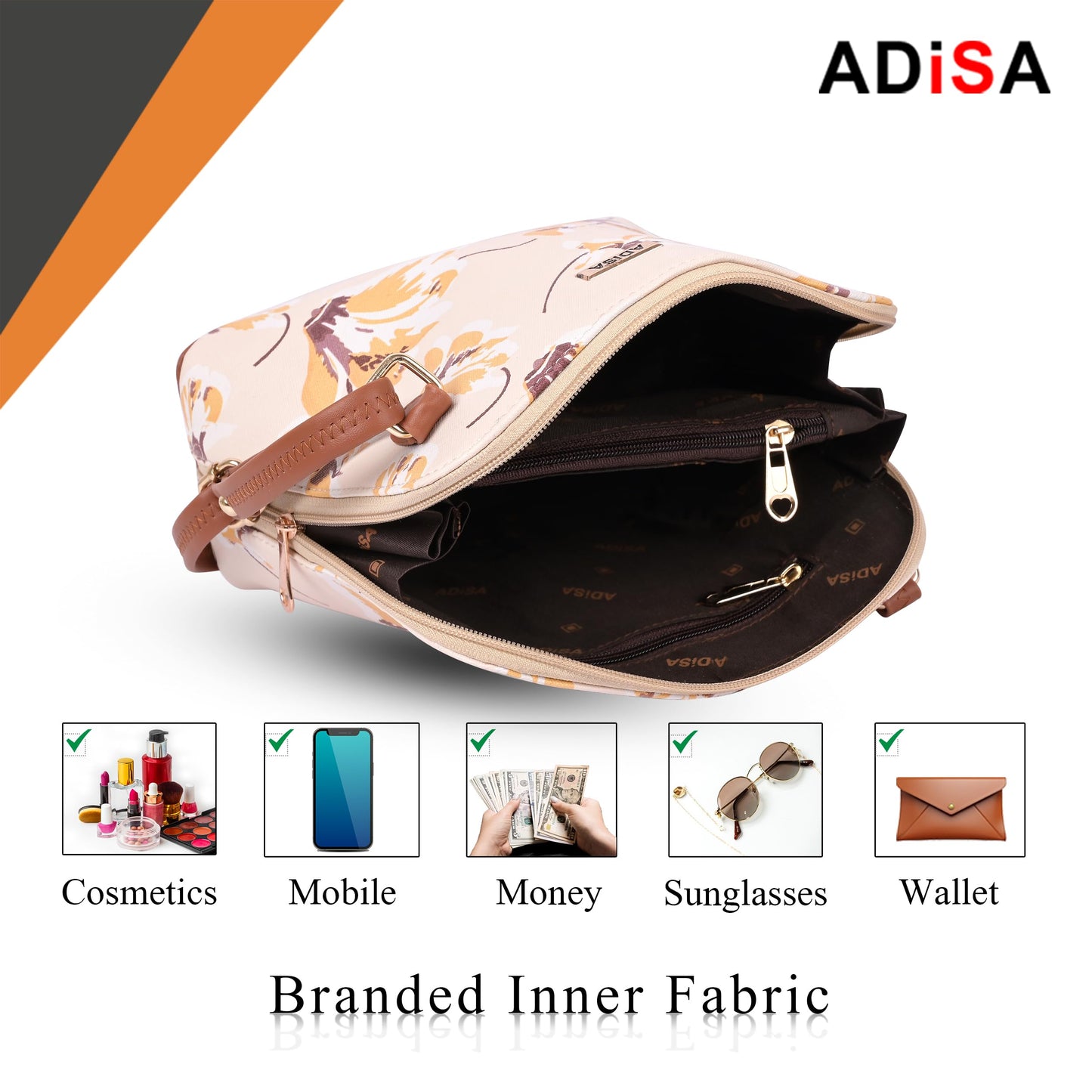 ADISA Women Girls Floral Print Faux Leather Sling Bag Crossbody (Off White)