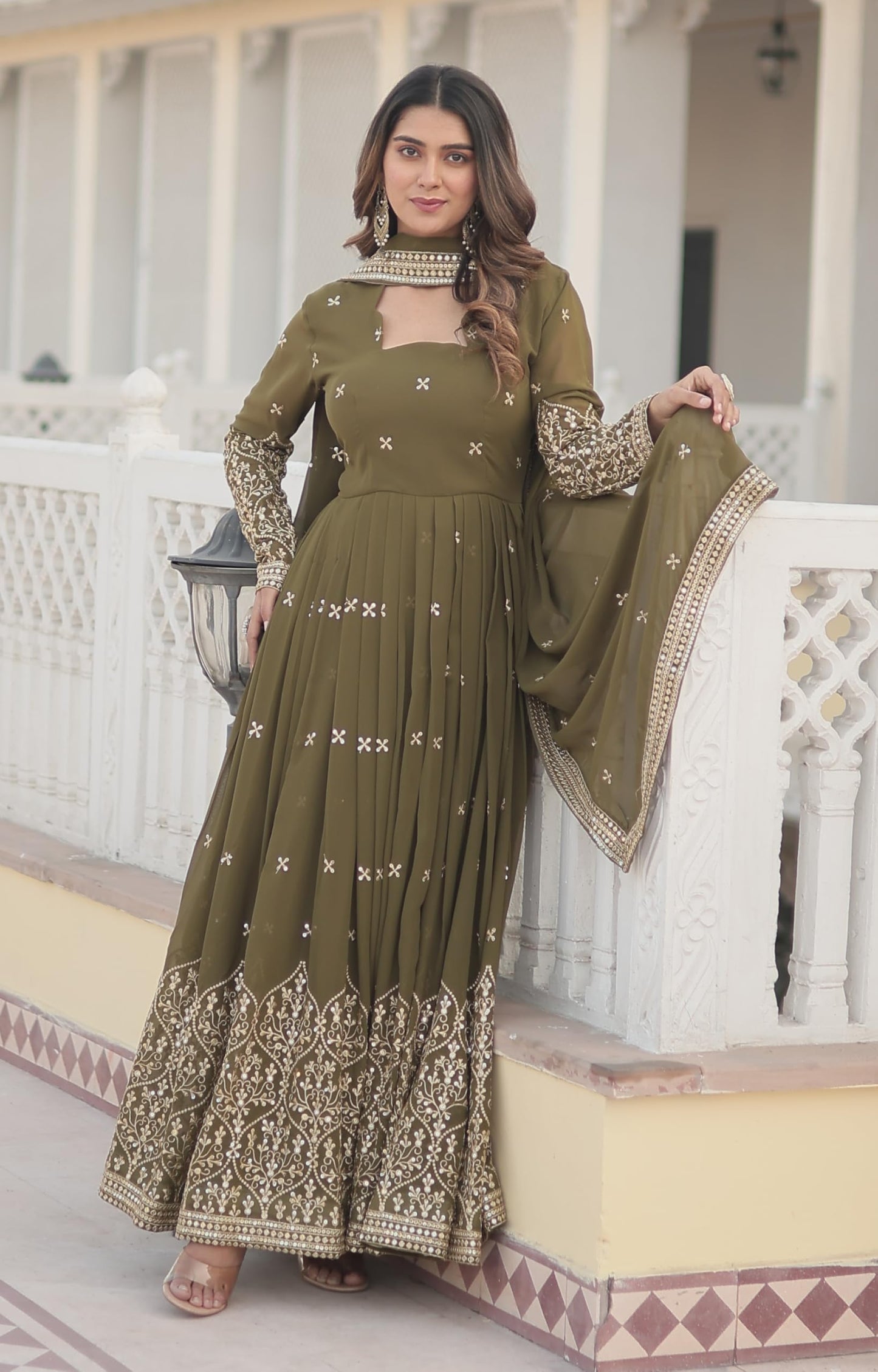 Fashion Basket Goergette Kurta with Duptta Olive