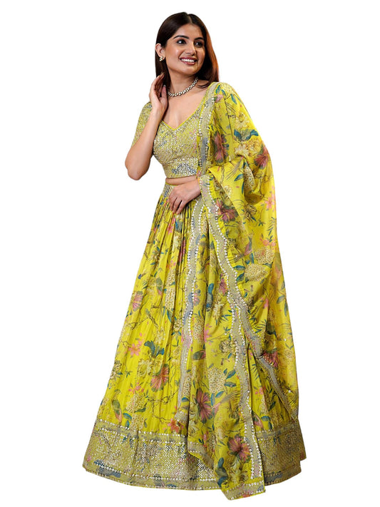 Zeel Clothing Women's Sequins Thread Embroidered Georgette Lehenga Choli With Dupatta (7066-Yellow-Women-Lehenga-Choli-Latest,Free size)