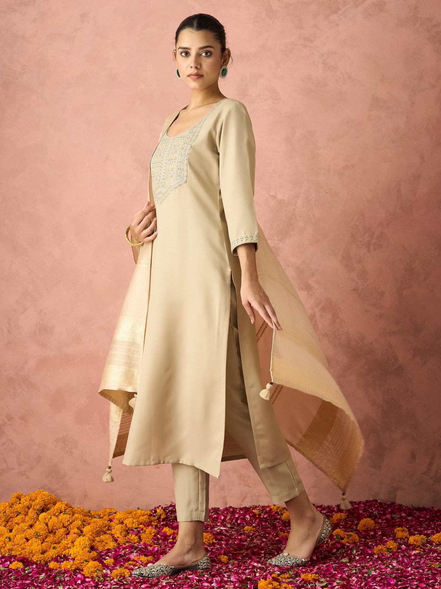 Hritika Cotton Blend Embroidered Kurta with Pants and Dupatta Set | Ethnic Set | Suit Set | Kurta Set | Wedding Suit Set for Women