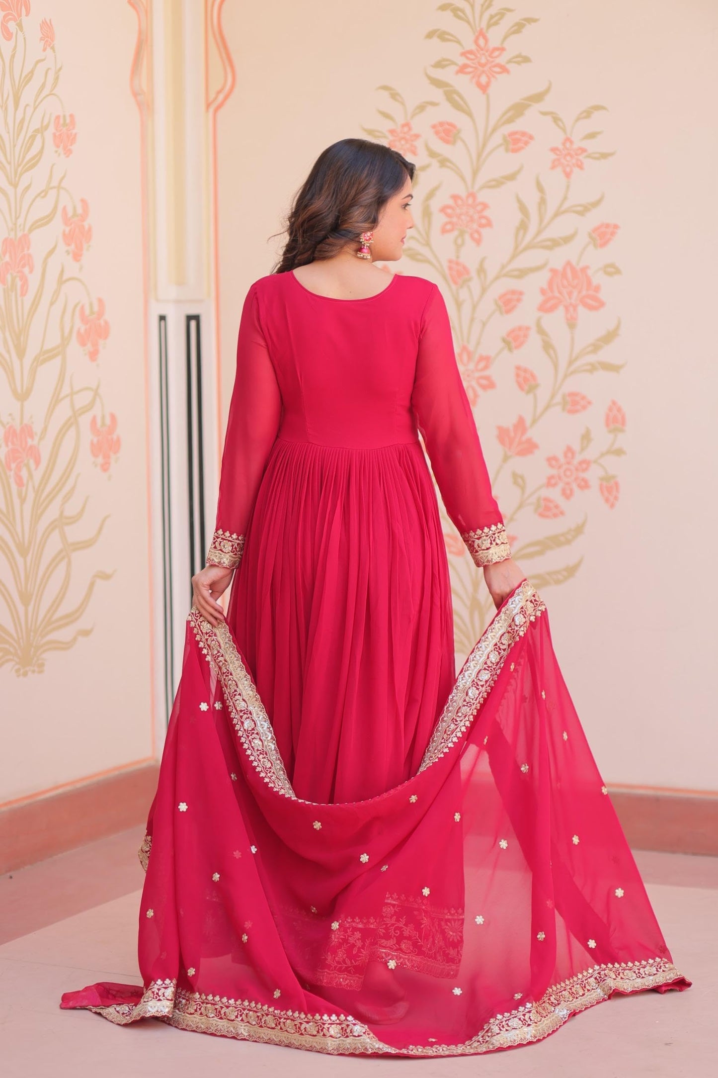 Mehervaa by vinni Red Anarkali Suit Set with Embroidered Dupatta, Long Sleeve Gown Style, Golden Zari Work, Traditional Indian Ethnic Wear (IN, Alpha, 2XL, Regular)