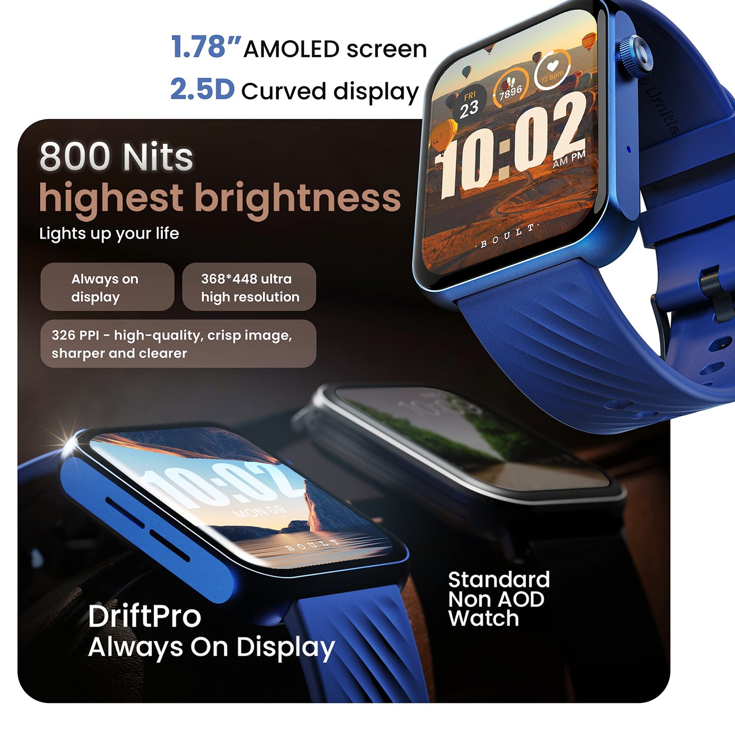 GOBOULT Drift Pro Smartwatch 1.78'' AMOLED HD Screen, BT Calling 5.1, 800 Nits Brightness, IP67, 150+ Watchfaces, 120+ Sports Modes, AI Voice Assistant, SpO2 Monitoring (Blue)