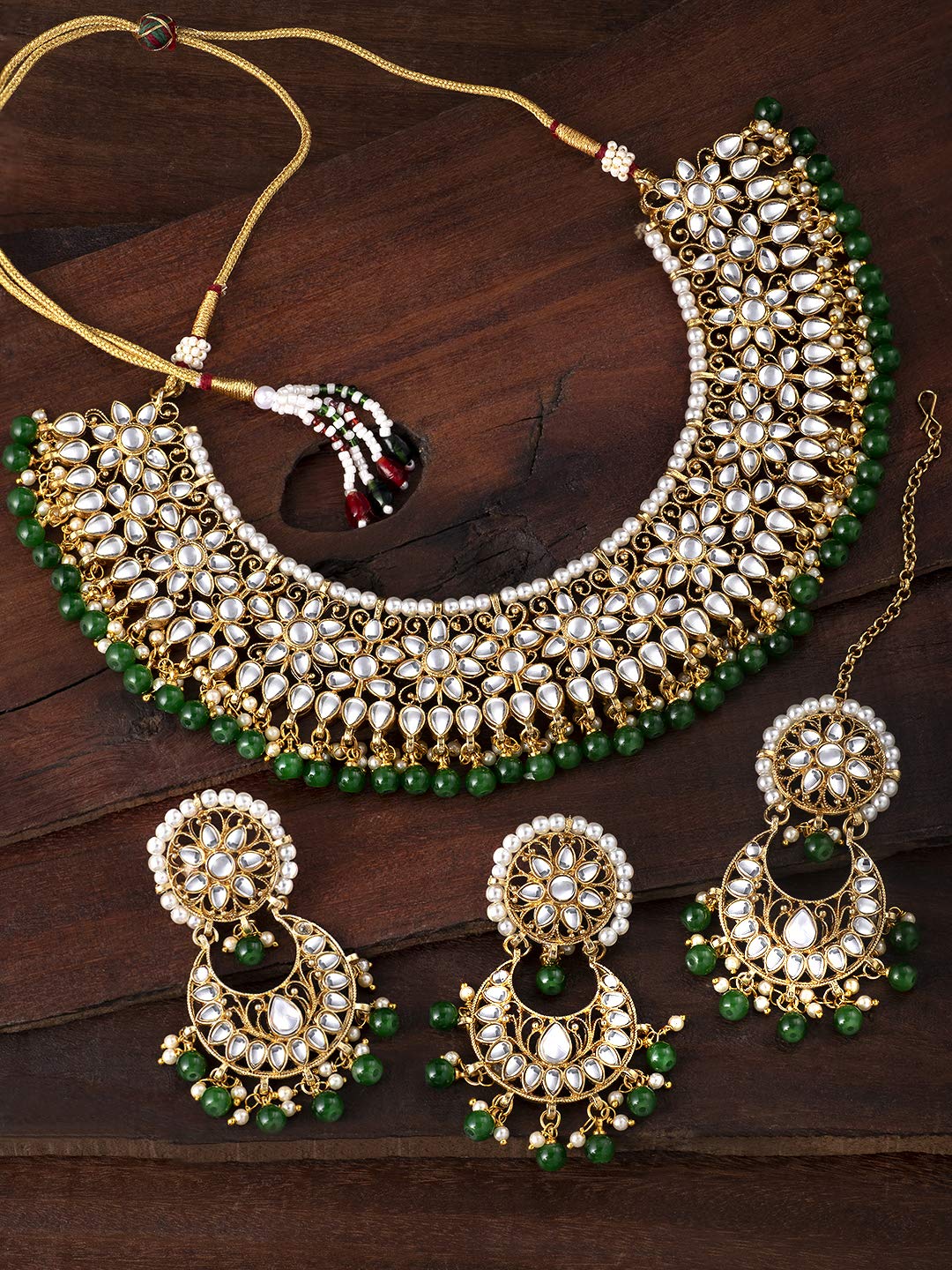 Peora Gold Plated Kundan Choker Necklace Earrings with Maang Tikka Jewellery Set for Women