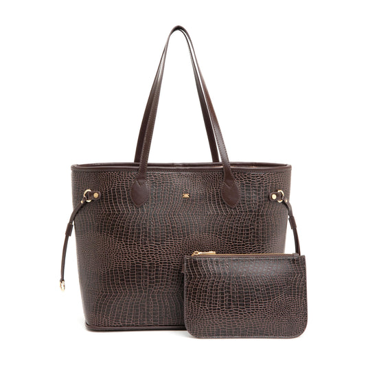 KLEIO Vegan Leather Croco Embossed Carry It All Tote Shopping Bag for Women (BROWN)