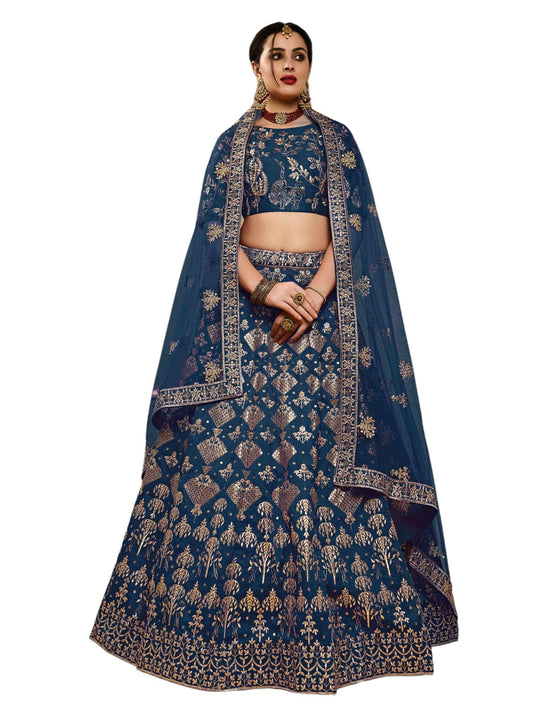 Zeel Clothing Women's Silk Semi-stitched Thread Sequins Embroidery Bridal New Lehenga Choli with Dupatta (7055-Blue-Wedding-Bridal-Stylish-Latest; Free Size)
