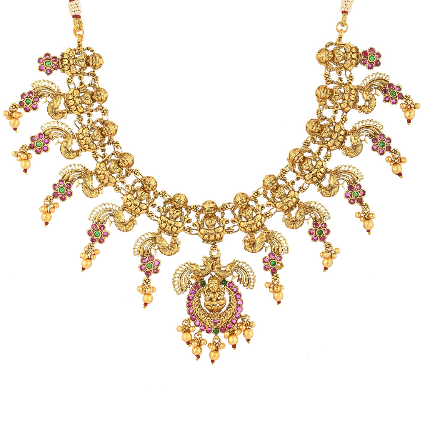 VOYLLA Faux Pearls and Kundan Adorned Brass Temple Jewellery Set