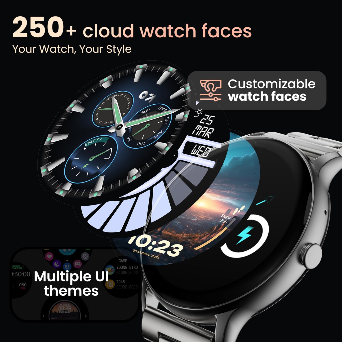 GOBOULT Dire Smartwatch: 1.38'' 2.5D Curved HD Display, BT Calling, 500 Nits Brightness, IP67, 250+ Watchfaces, 120+ Sports Modes, AI Voice Assistant, SpO2 Monitoring (Silver)