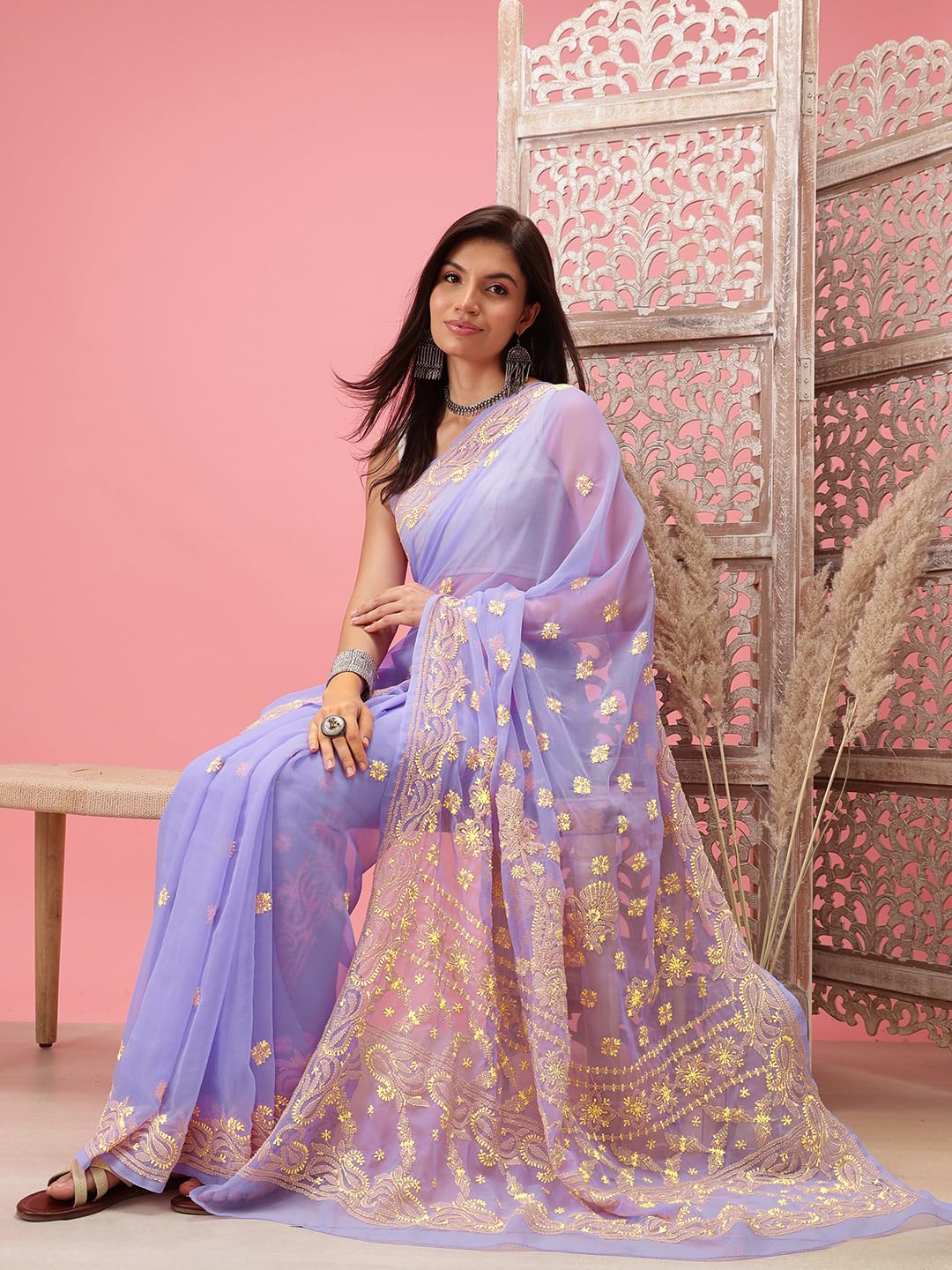 Ada Hand Embroidered Lucknowi Chikankari Georgette Saree for Women with Unstitched Blouse Piece A311377 Mauve & Yellow