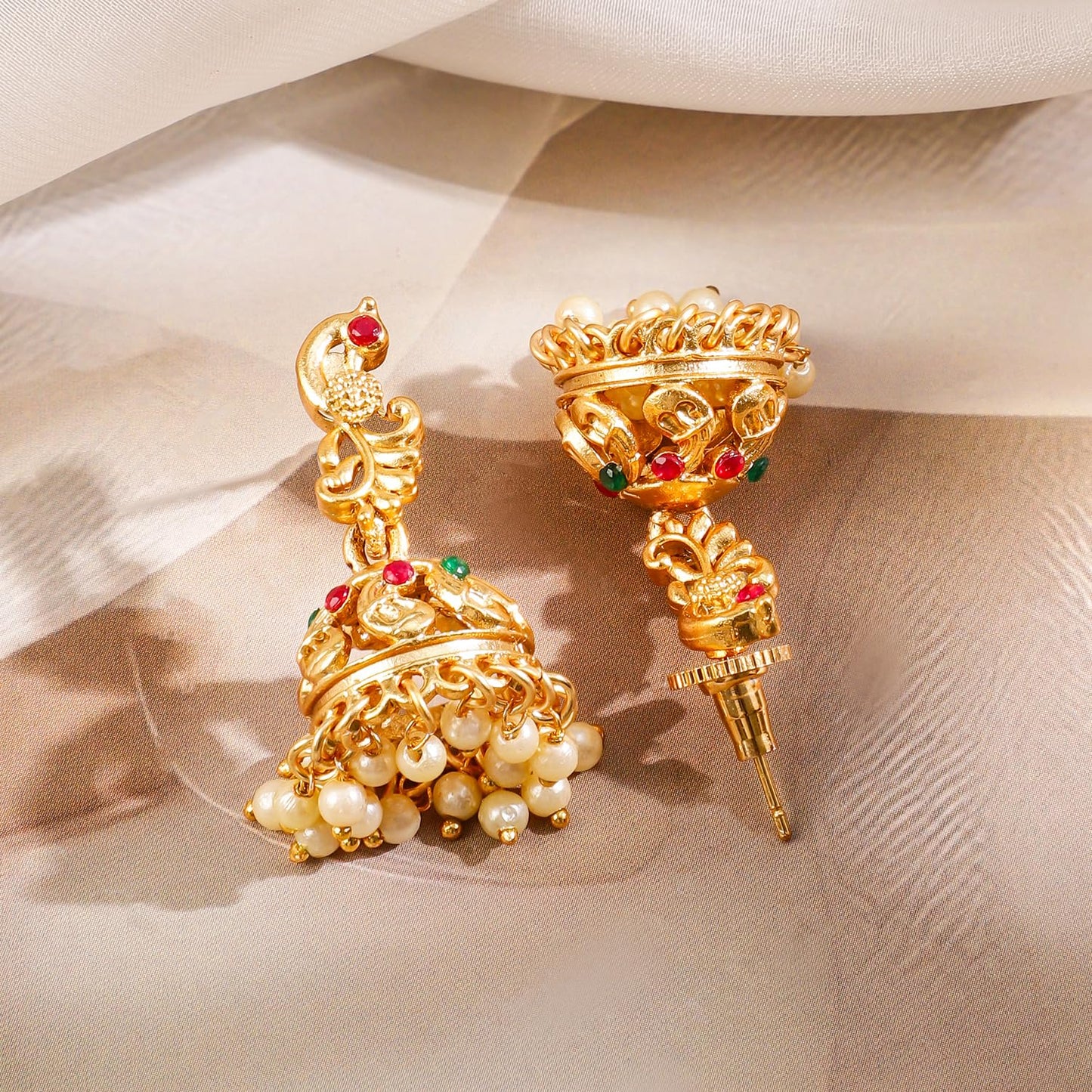 Rubans 22k Gold-Plated Red & Green Stone Studded Handcrafted Traditional Temple Jewellery Set For Women