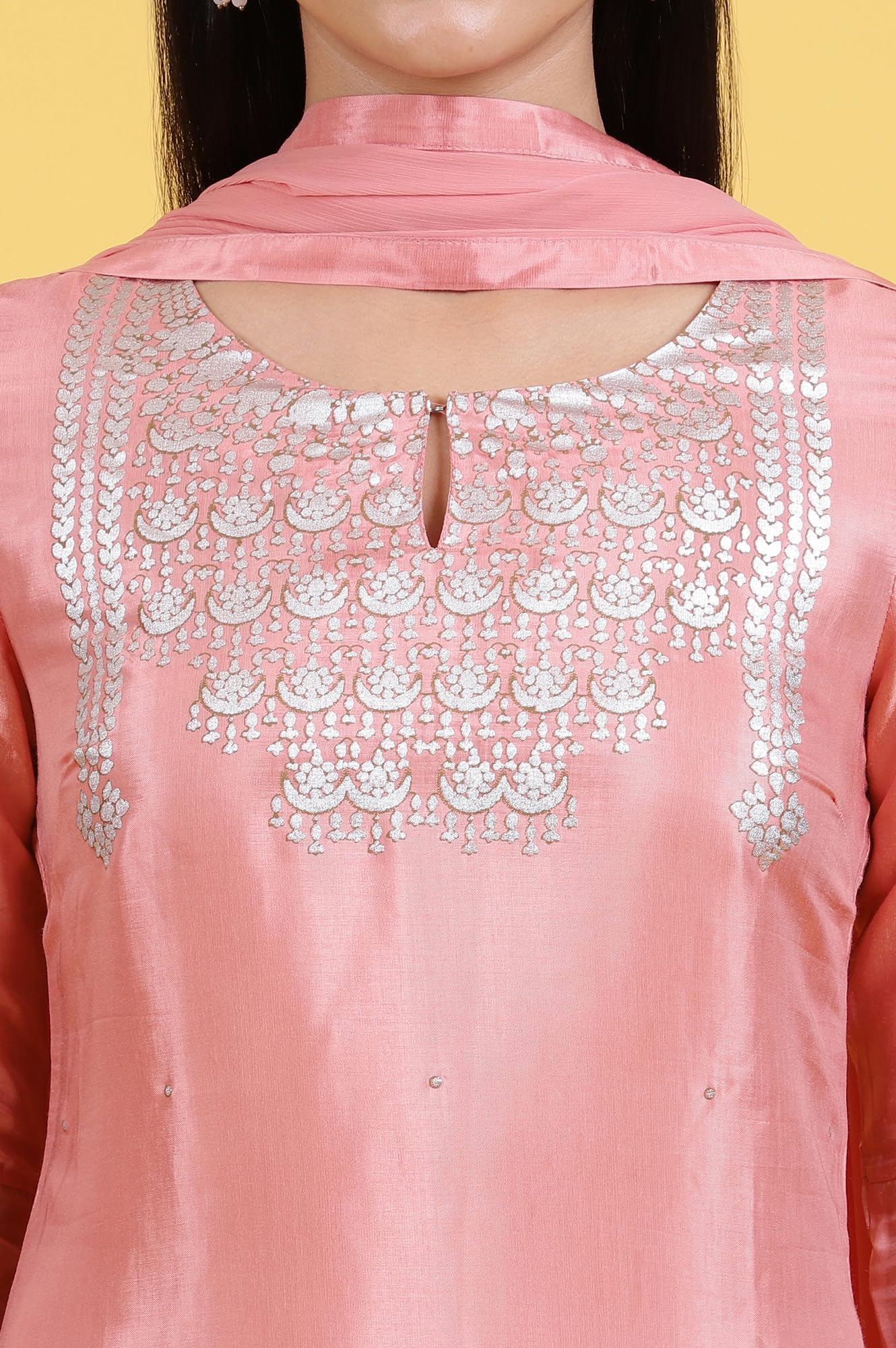 W for Woman Pink Printed Shantung Straight Kurta, Pants and Dupatta Set (Size: XL)-WS12305-112668
