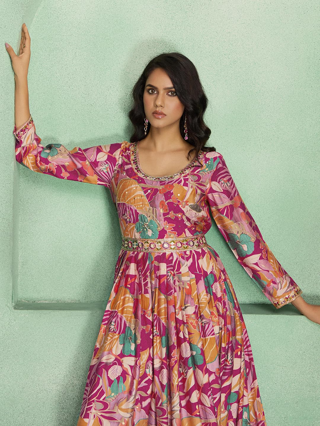 madhuram textiles Women's vetican Print with Hand Embroidery Work Anarkali Long Gown(M-2544 Pink_Medium)