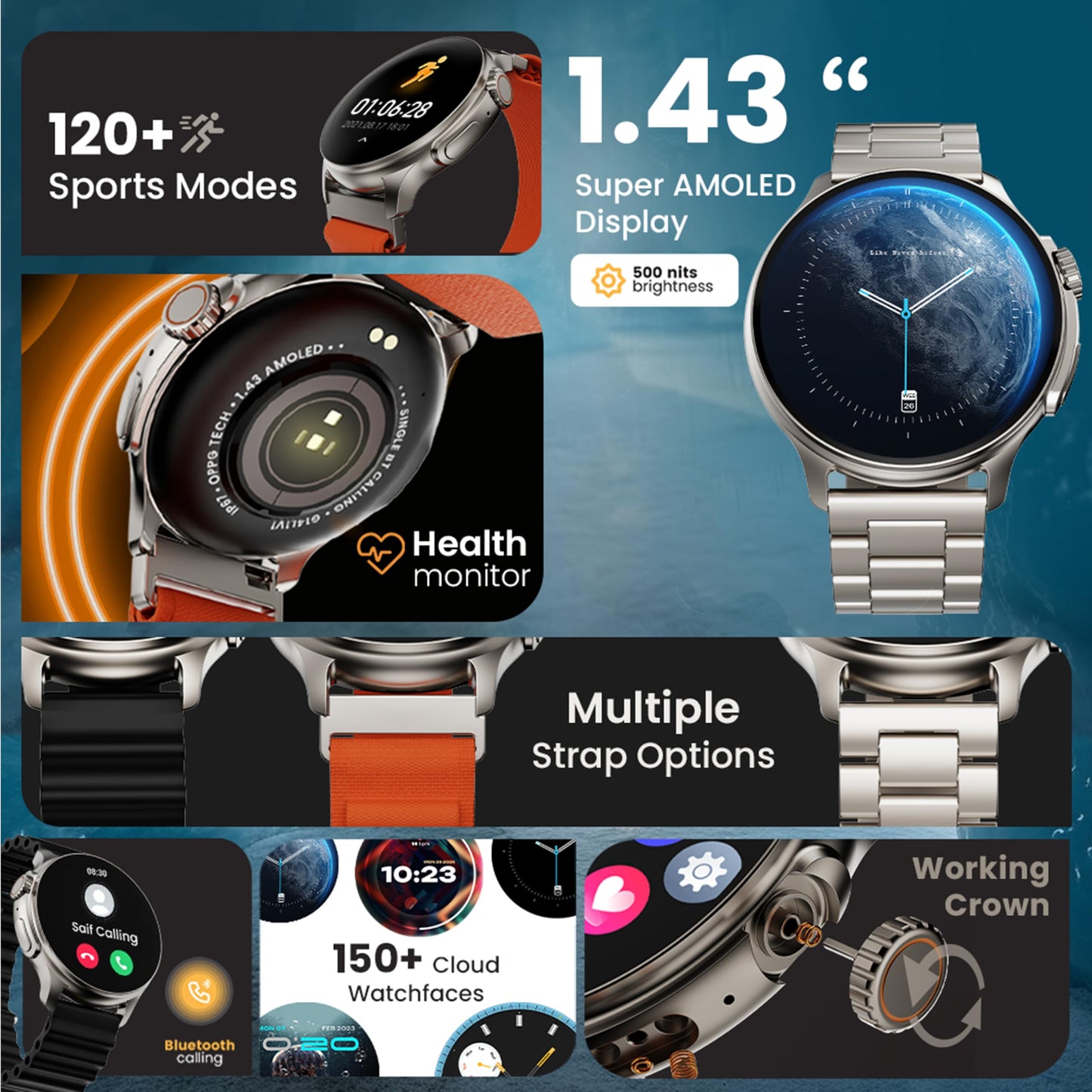 Boult GOBOULT (Formerly Newly Launched Crown R Pro Smart Watch 1.43''HD AMOLED, Working Crown, Zinc Alloy Frame, 600 Nits Brightness, AI Voice Assistant, SpO2 Monitoring, 120+ Sports Mode (Chrome)