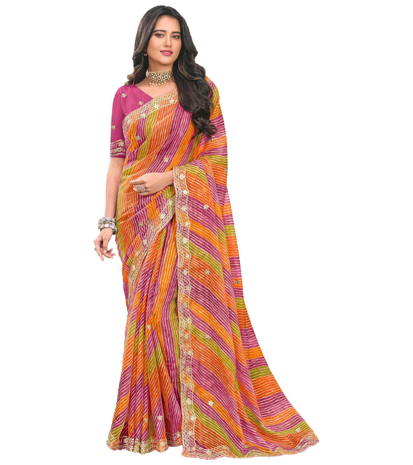 Laxmipati Sarees Women's Zari Work Laheriya Printed Tissue Silk Saree in Multicolor Color with unstitched Blouse Material - Embrace Latest Style And Timeless Elegance in this Exquisite Attire