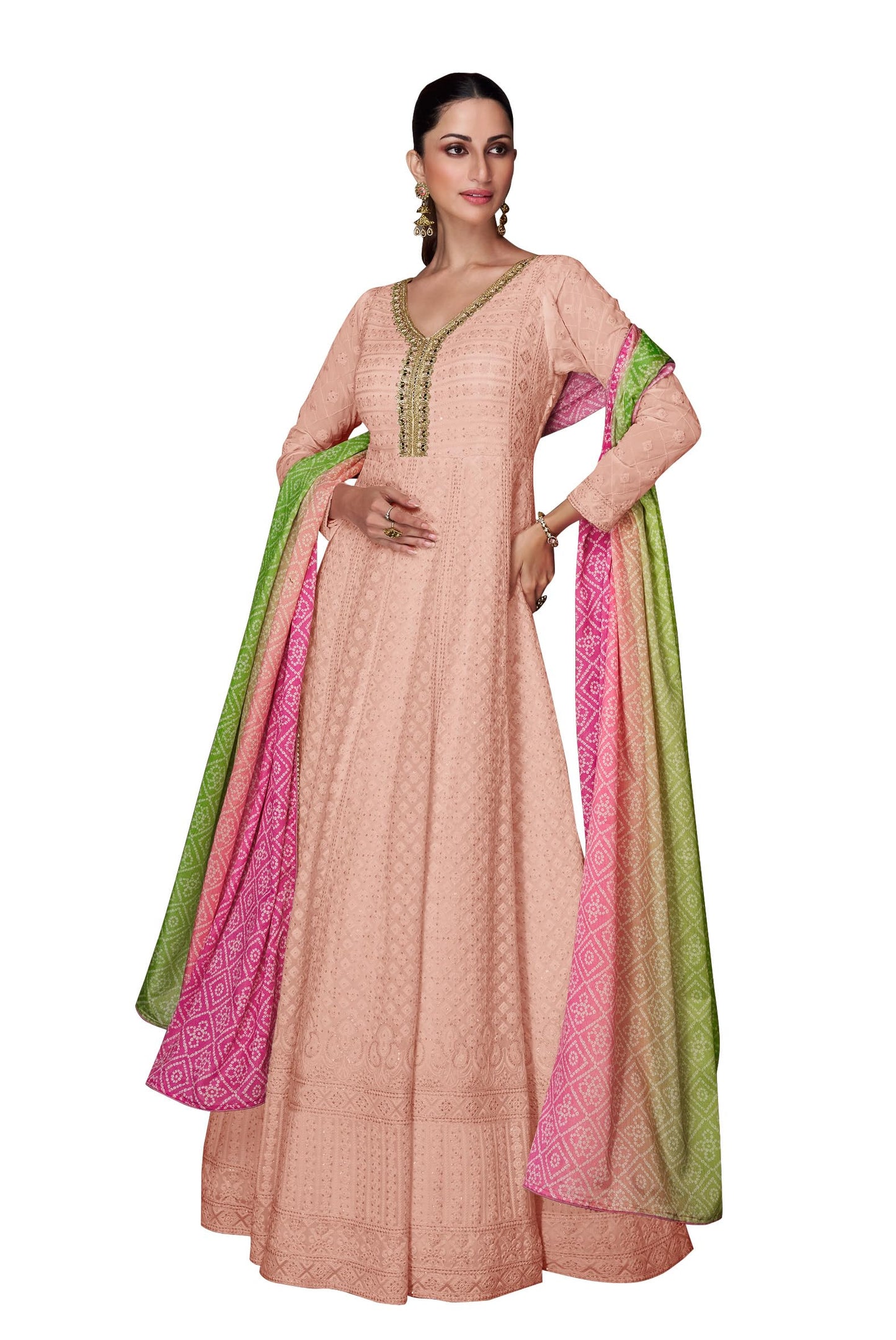RUDRAPRAYAG Women's Georgette Long Sleeve V-Neck Maxi Anarkali Gown I Semi Stitched Womens Ethnic Wear
