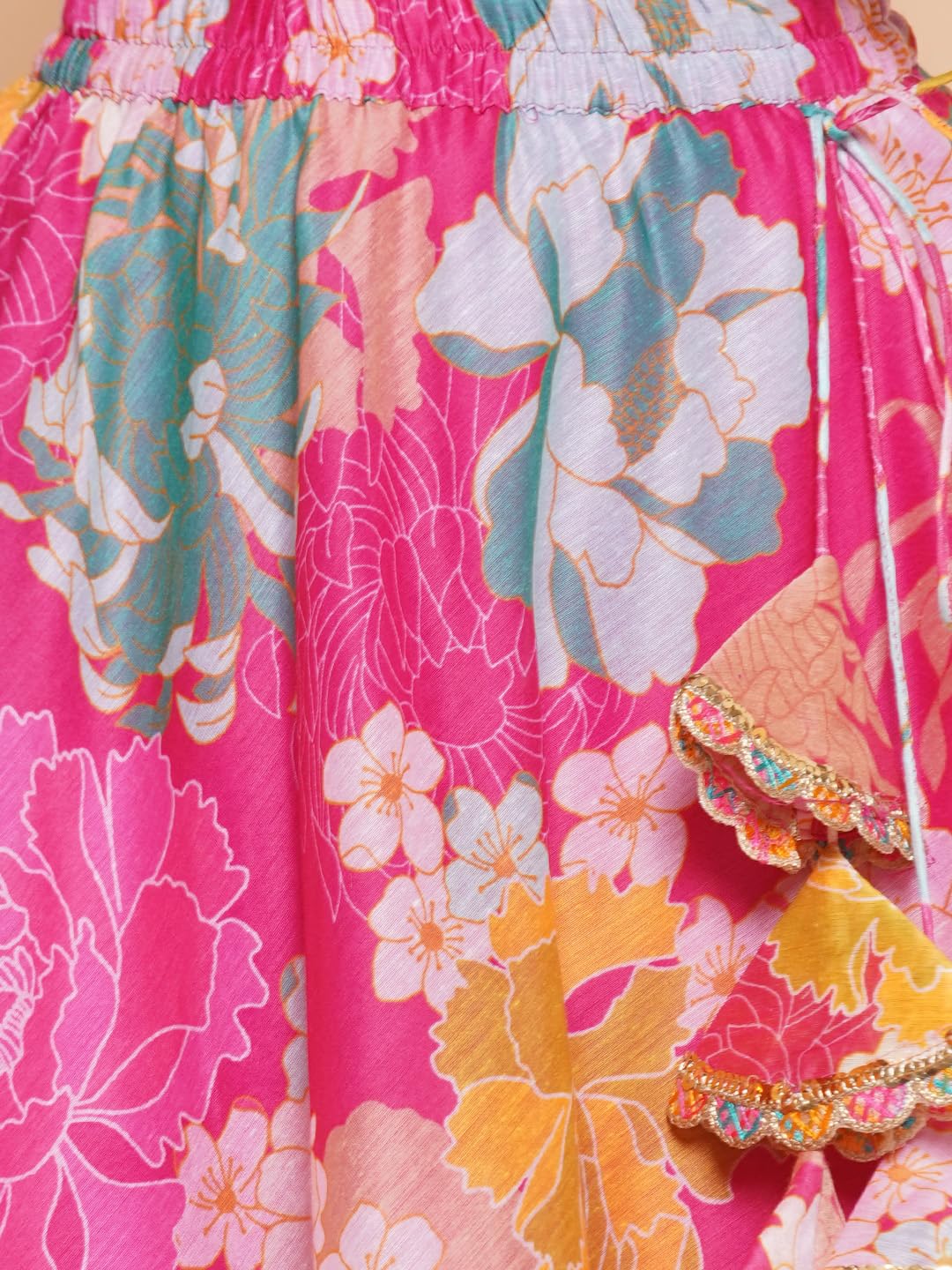 Bitiya by Bhama Girls Pink Flower Digital Multi Print Lace work Choli with Ready to wear Lehenga.