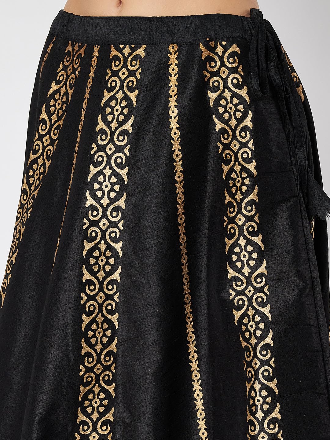 studio rasa Women's Dupion Hand Block Printed Embellished Bias Skirt for Festive Party Wedding (SKTC42505L_Black_Large)