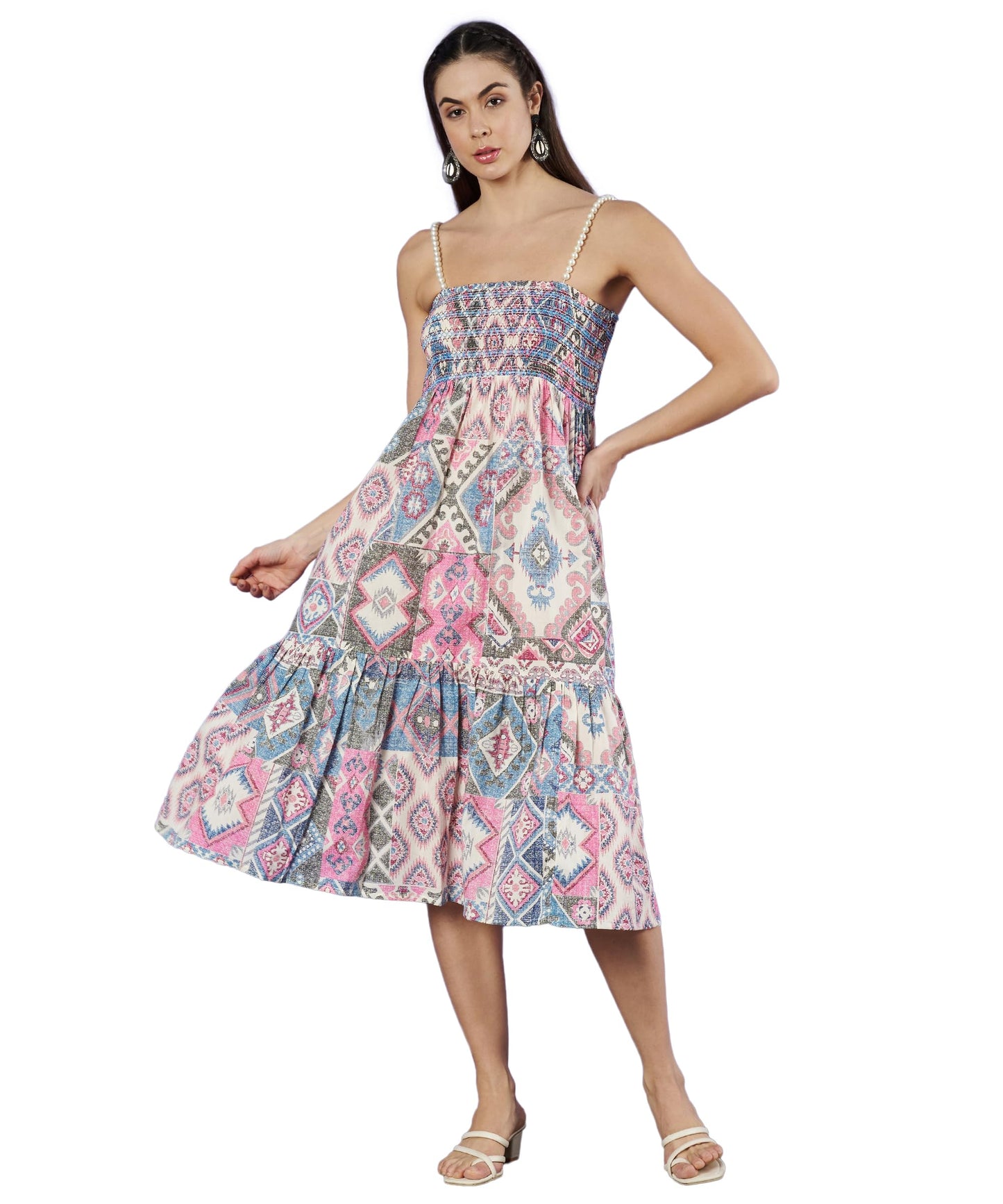 COTLAND Fashions Beaded Strap Smocked Sleeveless Cotton Dress for Women (Mystic Gleam)