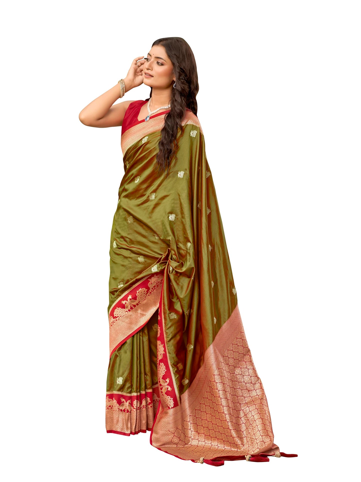 MANOHARI Women's Most Trendy Banarasi Satin Silk Woven Olive Green Animal Design Pattern Pattern Saree With Heavy Jacquard Work Saree With Blouse Piece_MN2037