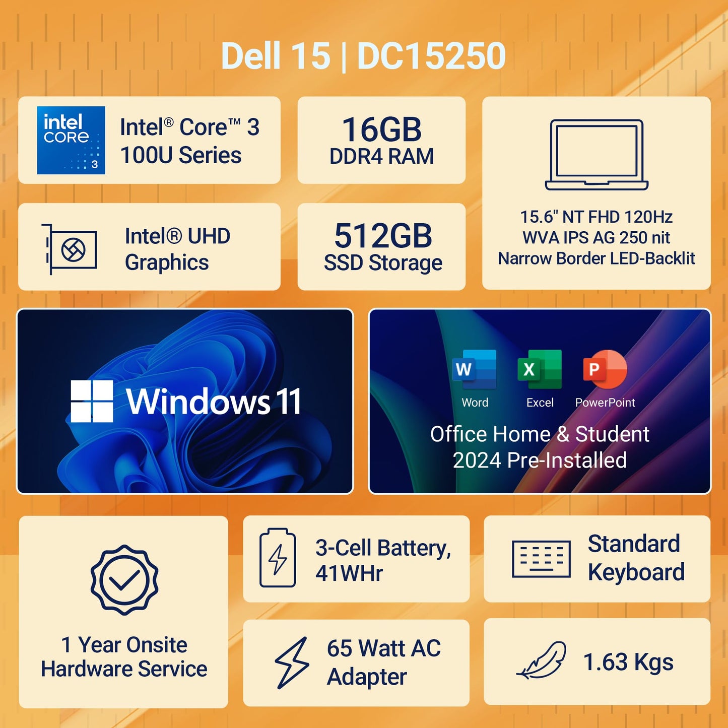 New Dell 15 Laptop, Intel Core 3 100U Processor, 16GB DDR4, 512 SSD, Intel UHD Graphics, 15.6" NT FHD 120Hz IPS AG 250 nit Display, Win 11 + Office H&S 2024, Carbon Black, Thin & Light- 1.63Kg