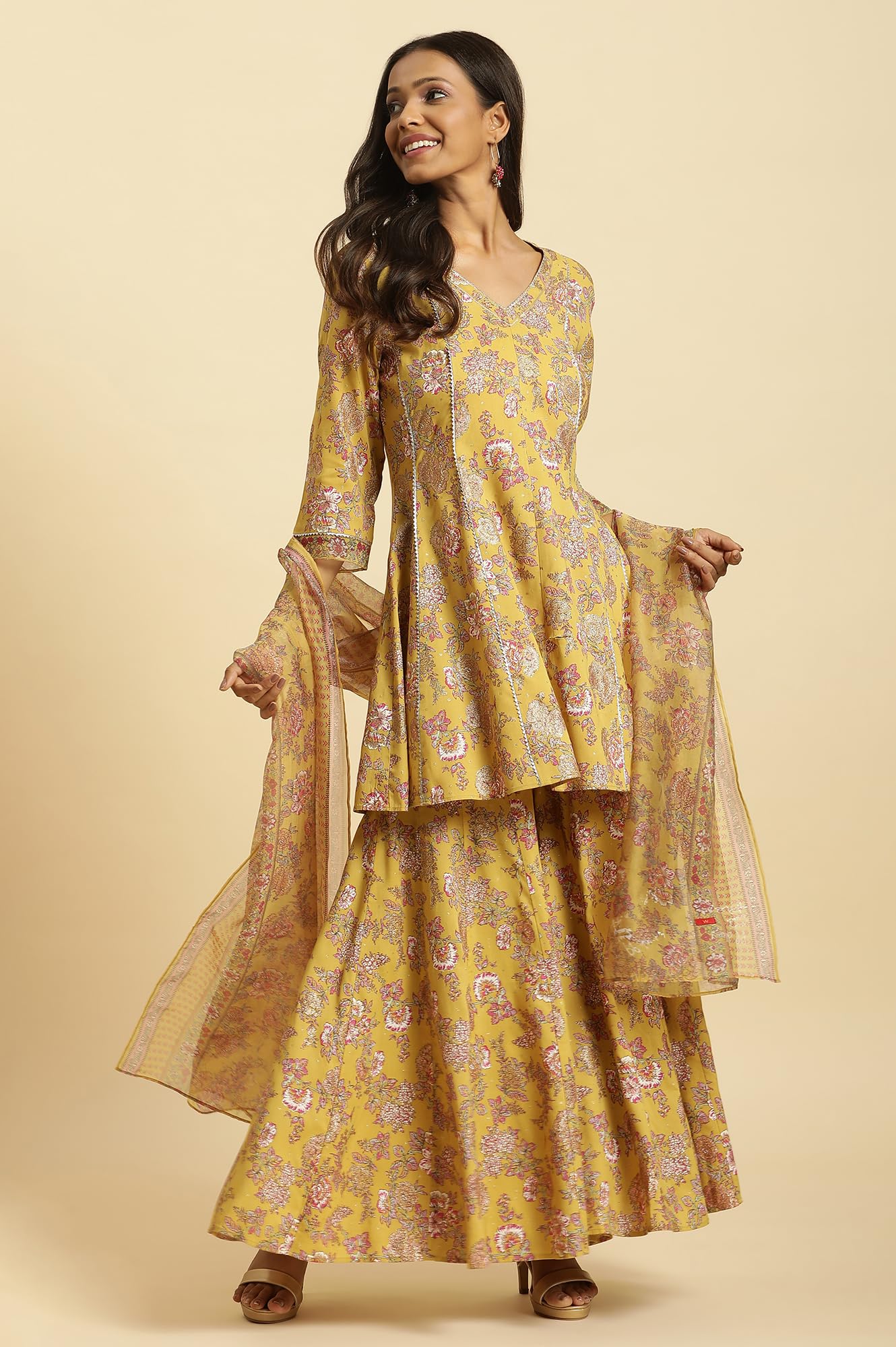 W for Woman Yellow Floral Printed Short Flared Kurta, Sharara and Dupatta Set_24AUWS19717-121051_2XL