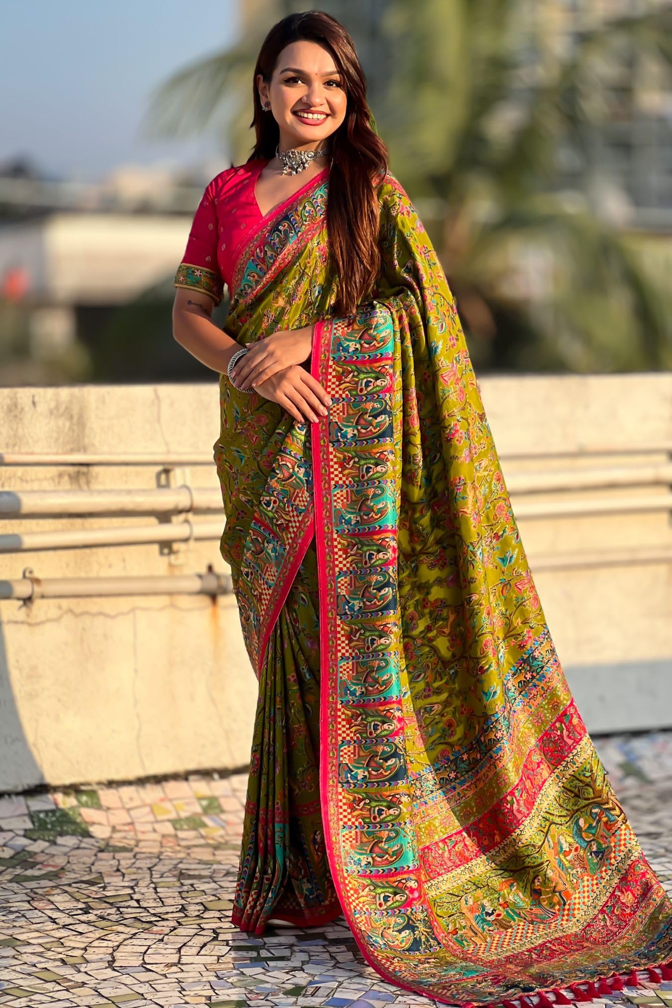 SGF11 Women's Kanjivaram Pure Soft Silk Position Printed Saree With Blouse Piece (Mahendi Green)