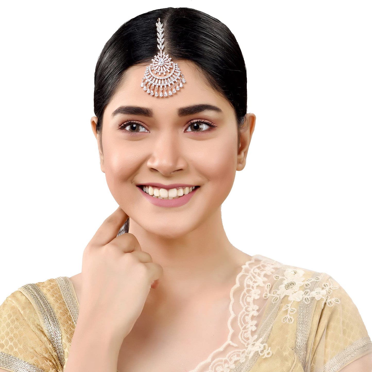 Saraf RS Jewellery-Rose AD studded Chandballi design Handcrafted Maang Tika