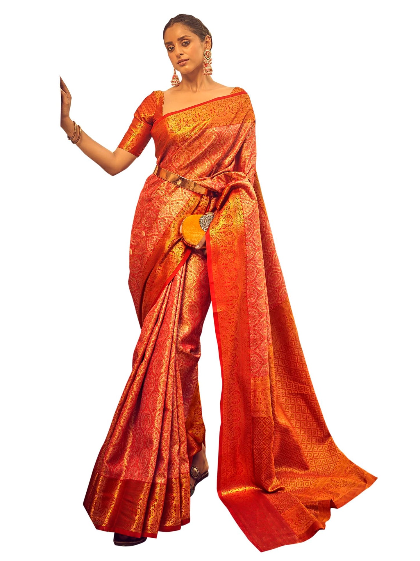 AKHILAM Women's Banarasi silk Ethnic Motif Printed Saree With Unstitched Blouse Piece(Peach_KINKHAB1205_RJ)