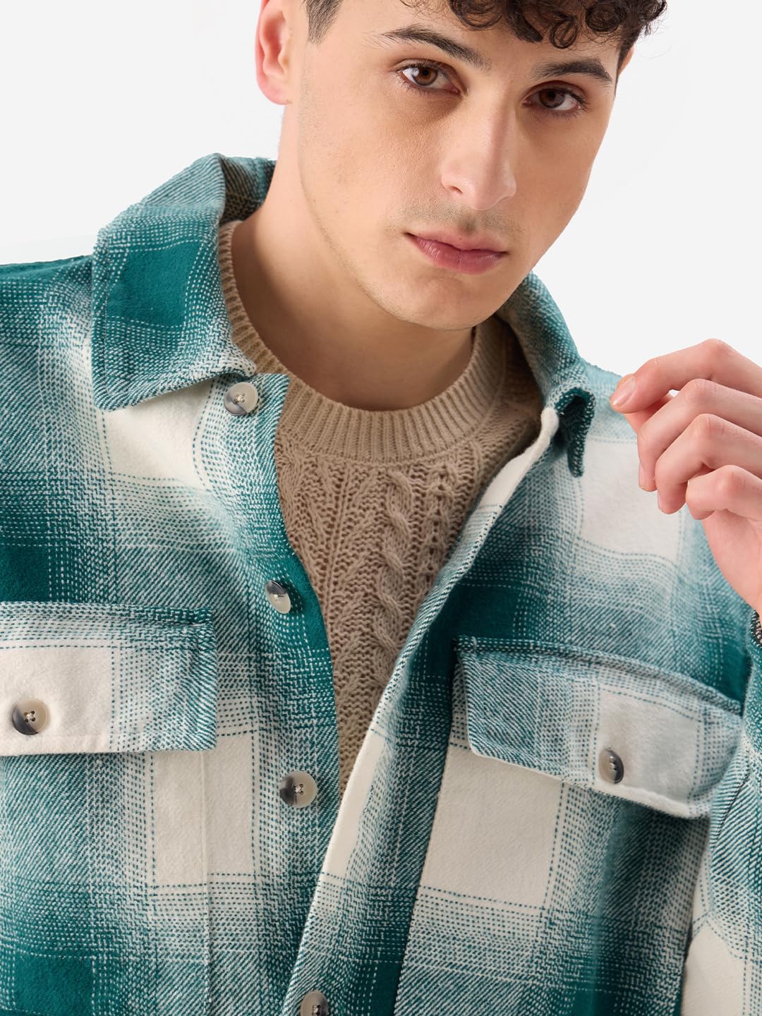 The Souled Store Plaid : Light Emerald and White Men and Boys Long Sleeve Collared Neck Button Front Cotton Oversized Fit Flannel Shackets