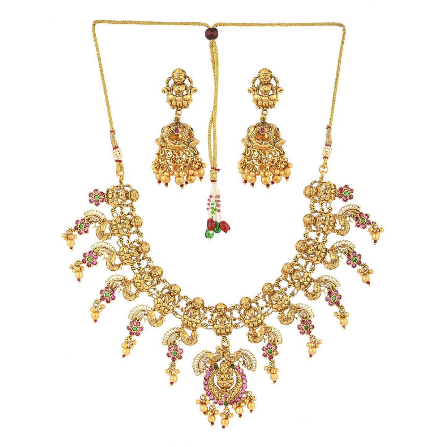 VOYLLA Faux Pearls and Kundan Adorned Brass Temple Jewellery Set