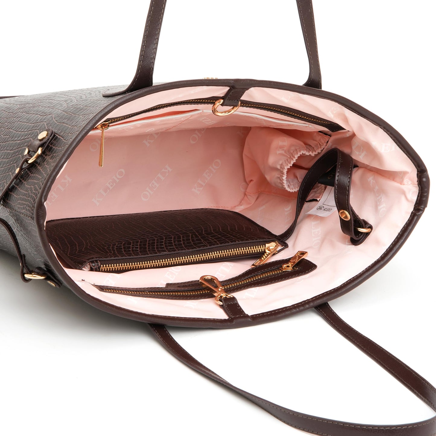 KLEIO Vegan Leather Croco Embossed Carry It All Tote Shopping Bag for Women (BROWN)