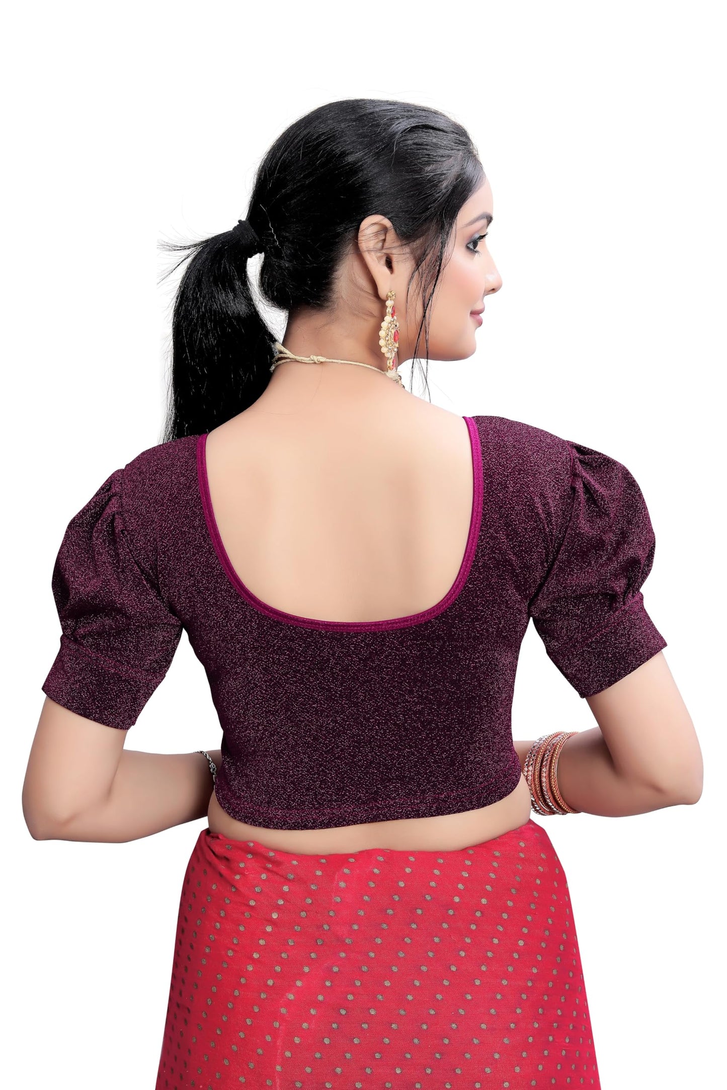 DELTIN HUB Metalic Blouse Round Neck Fancy Blouse lbow Blouse STREACHABLE Blouse Adjust The Size Automatic Wine