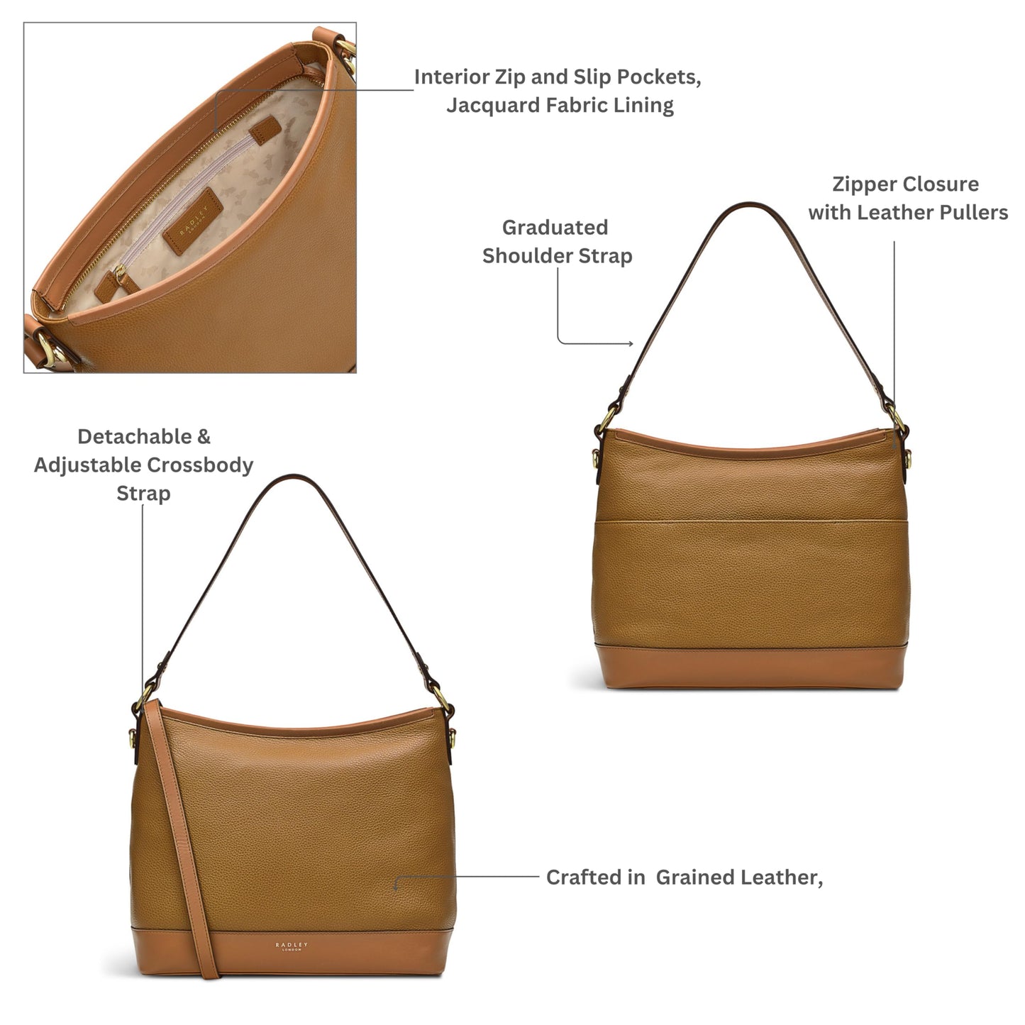 RADLEY London Babington Plain - Women's Leather Shoulder Bag - Medium Size Purse - Women's Shoulder Handbag, Caramel