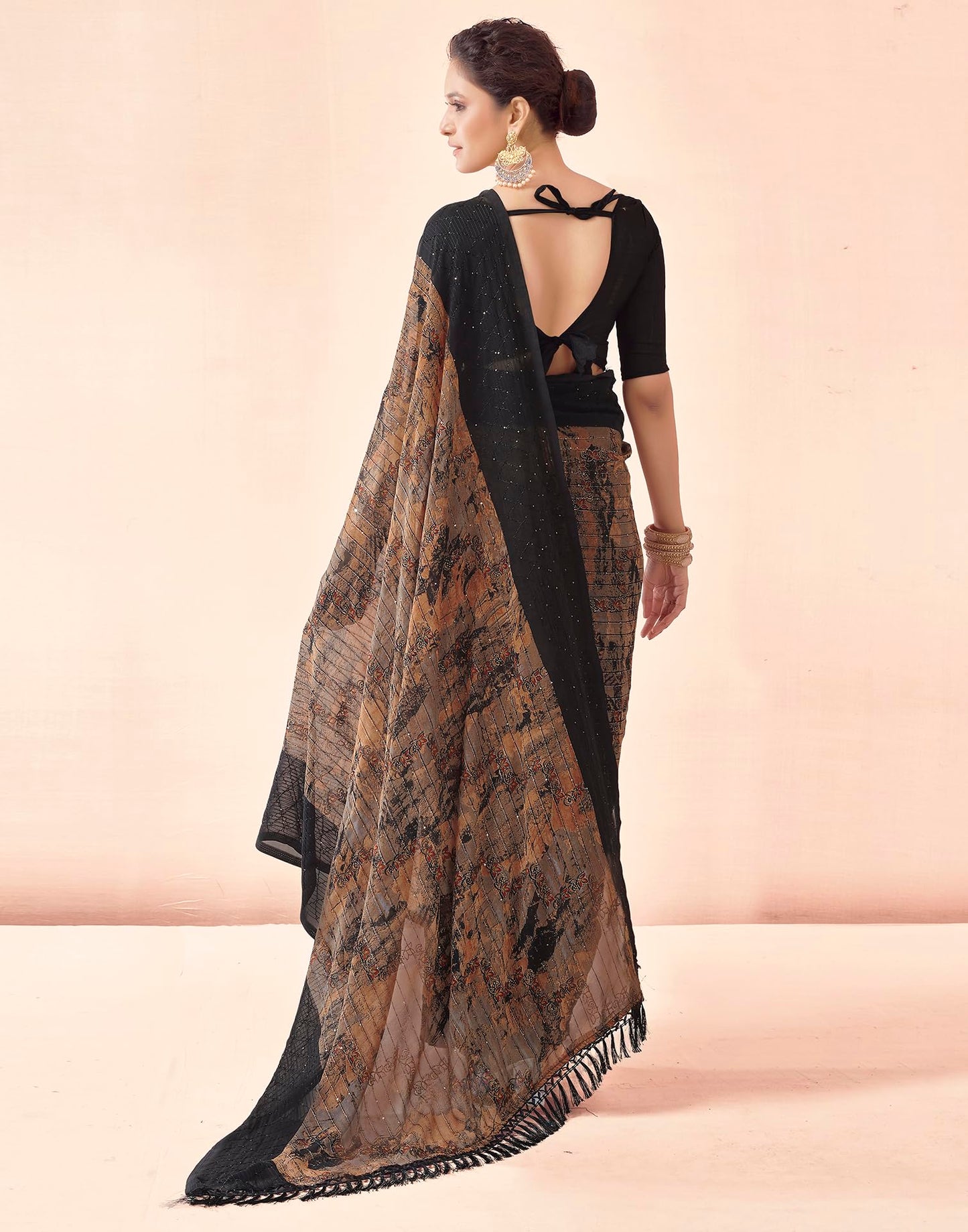 SIRIL Women's Georgette Printed Sequence Work, Saree With Unstitched Blouse Piece (3476S711A_Black)