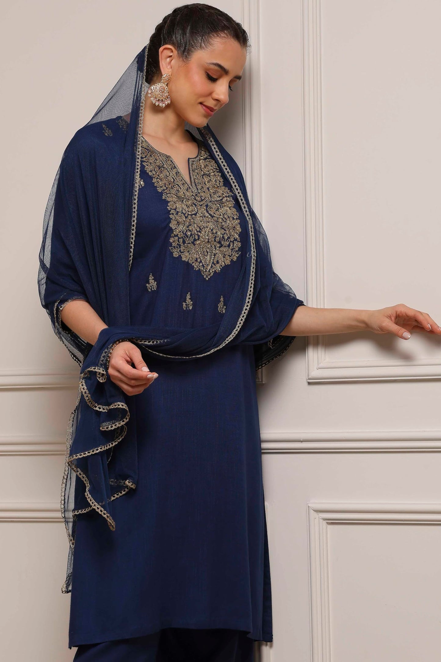 Biba Women Blue Viscose Rayon Straight Solid Suit Set_40