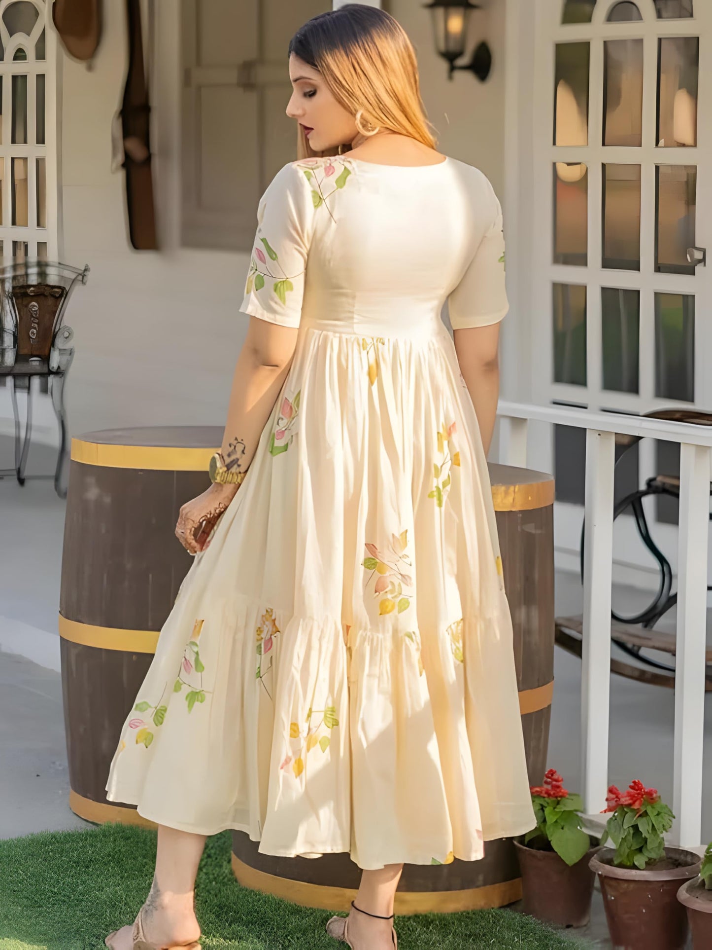 eightone Girl's & Women's Floral A-line Kurti Fit and Flare Cotton Midi One Piece Stylish Maxi Long Frock Dress for Women (in, Alpha, 4XL, Cream White)