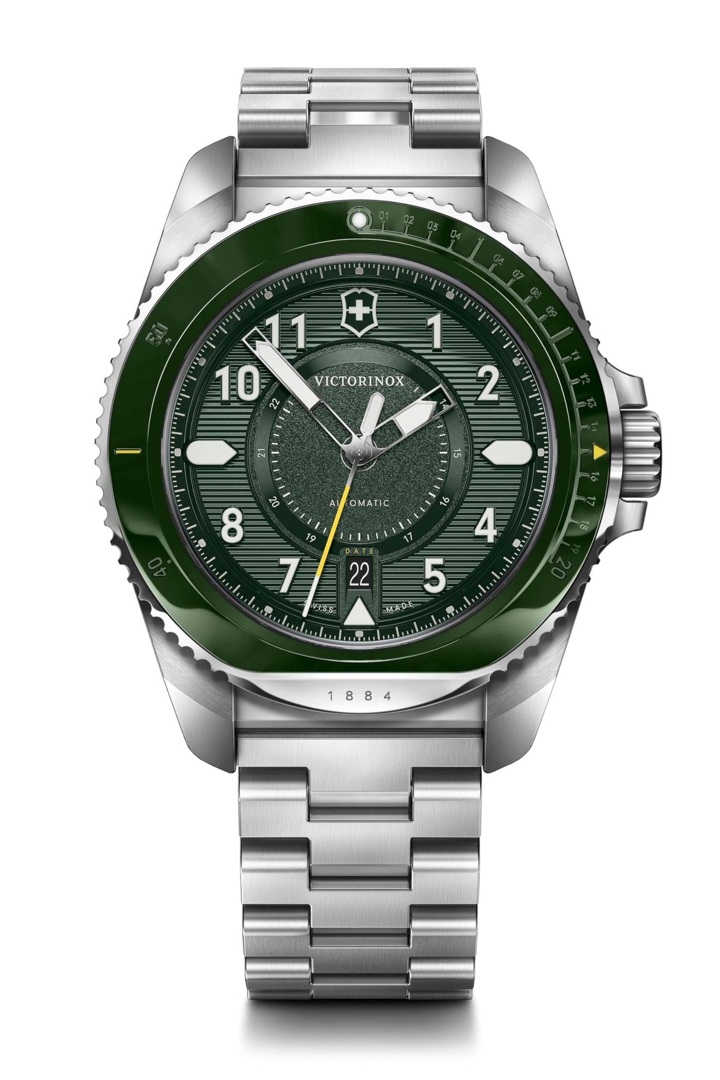 Victorinox Stainless Steel Journey 1884, Automatic Swiss Made Men's Analog Watch, Green Dial, 43 Mm, Water Resistant Up To 200 M, Sellita Sw 200-1 Movement, Wrist Watch For Men | 242015,Silver Band