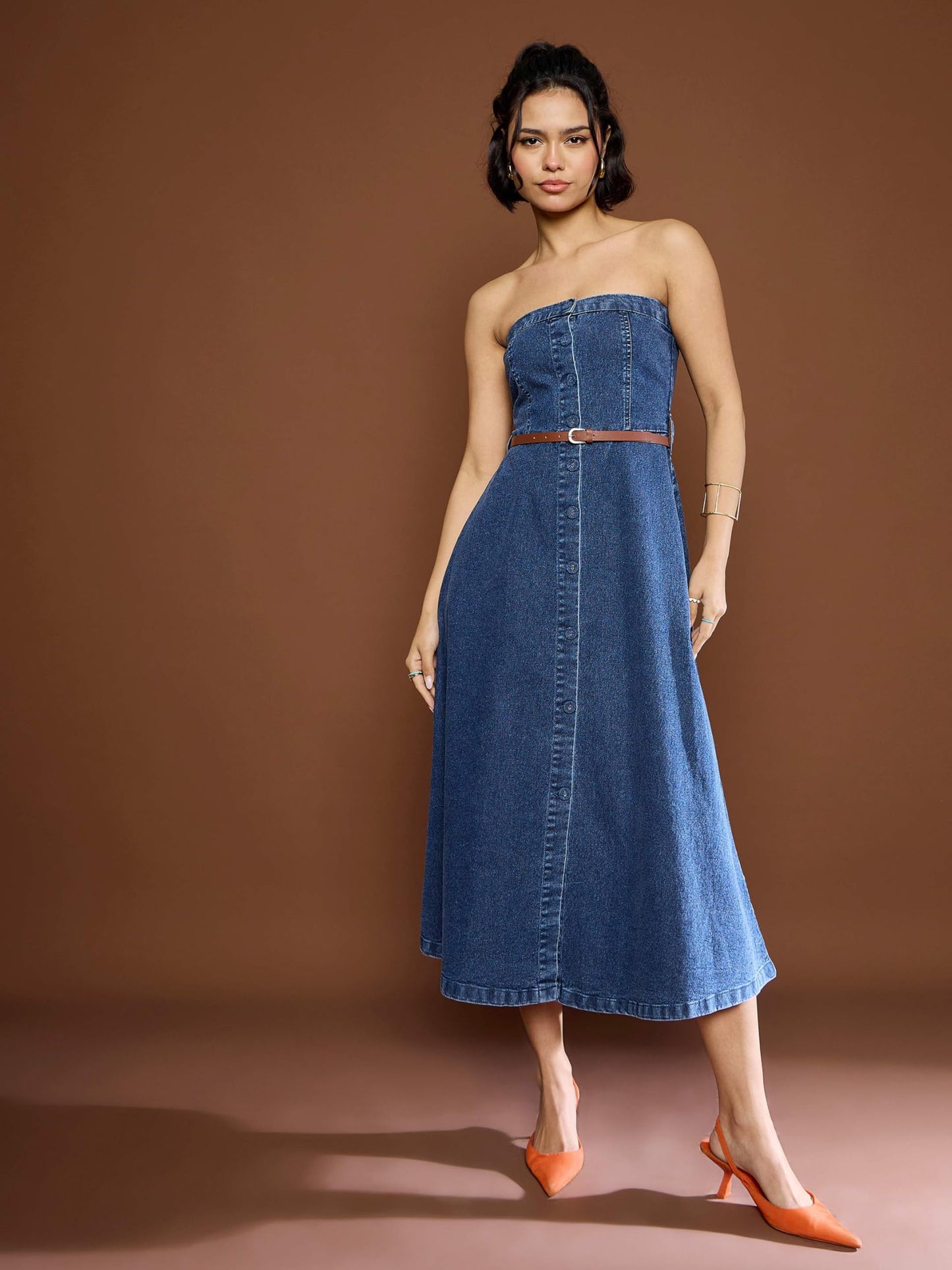 SASSAFRAS Women's Denim Tube Dress Below Knee SFDRSS12677