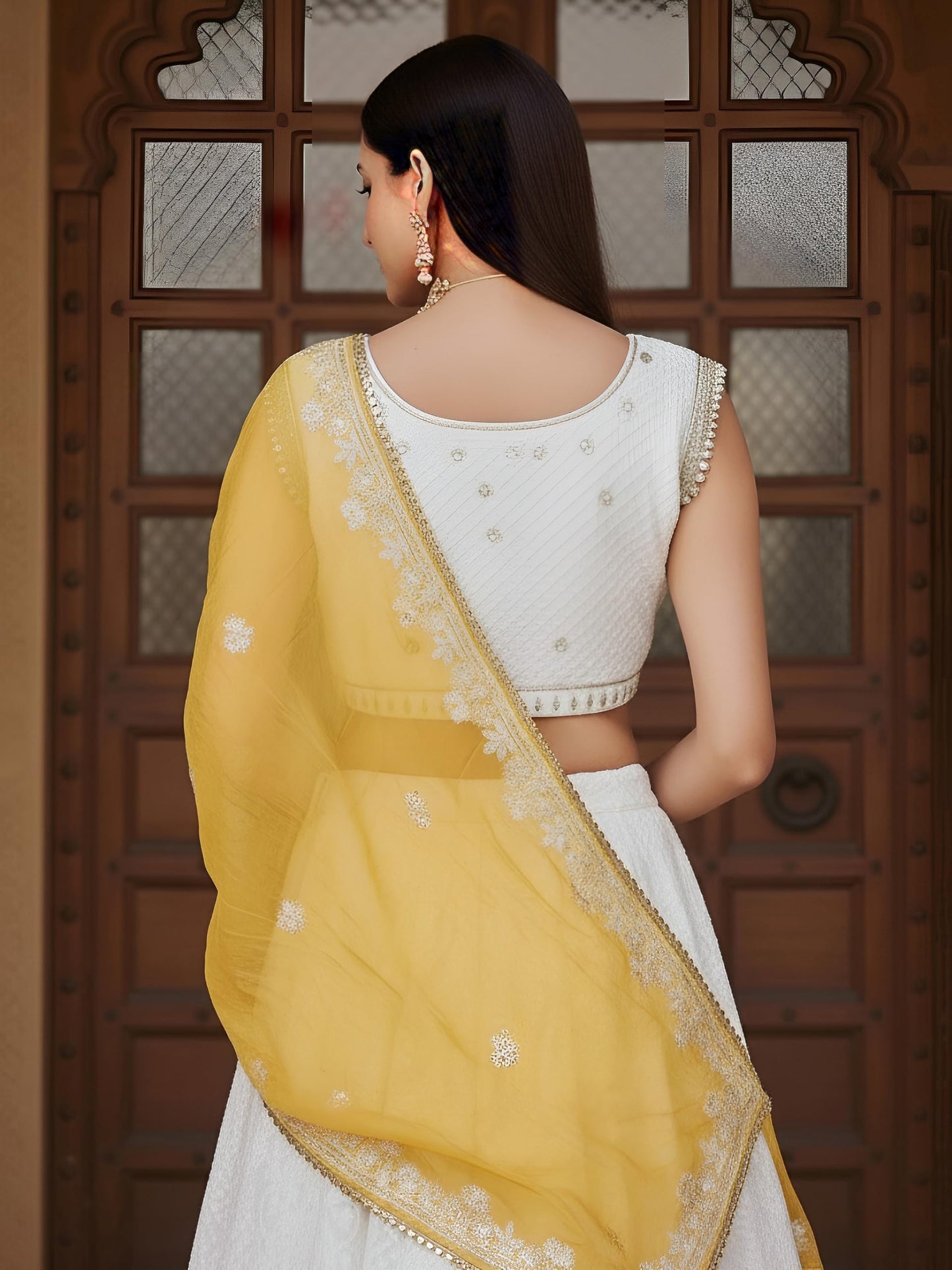 Zeel Clothing Women's Sequins Thread Embroidered Work Georgette Semi-Stitched Lehenga Choli With Dupatta (6018-White-Wedding-Lehenga-Choli, Free size) (White)