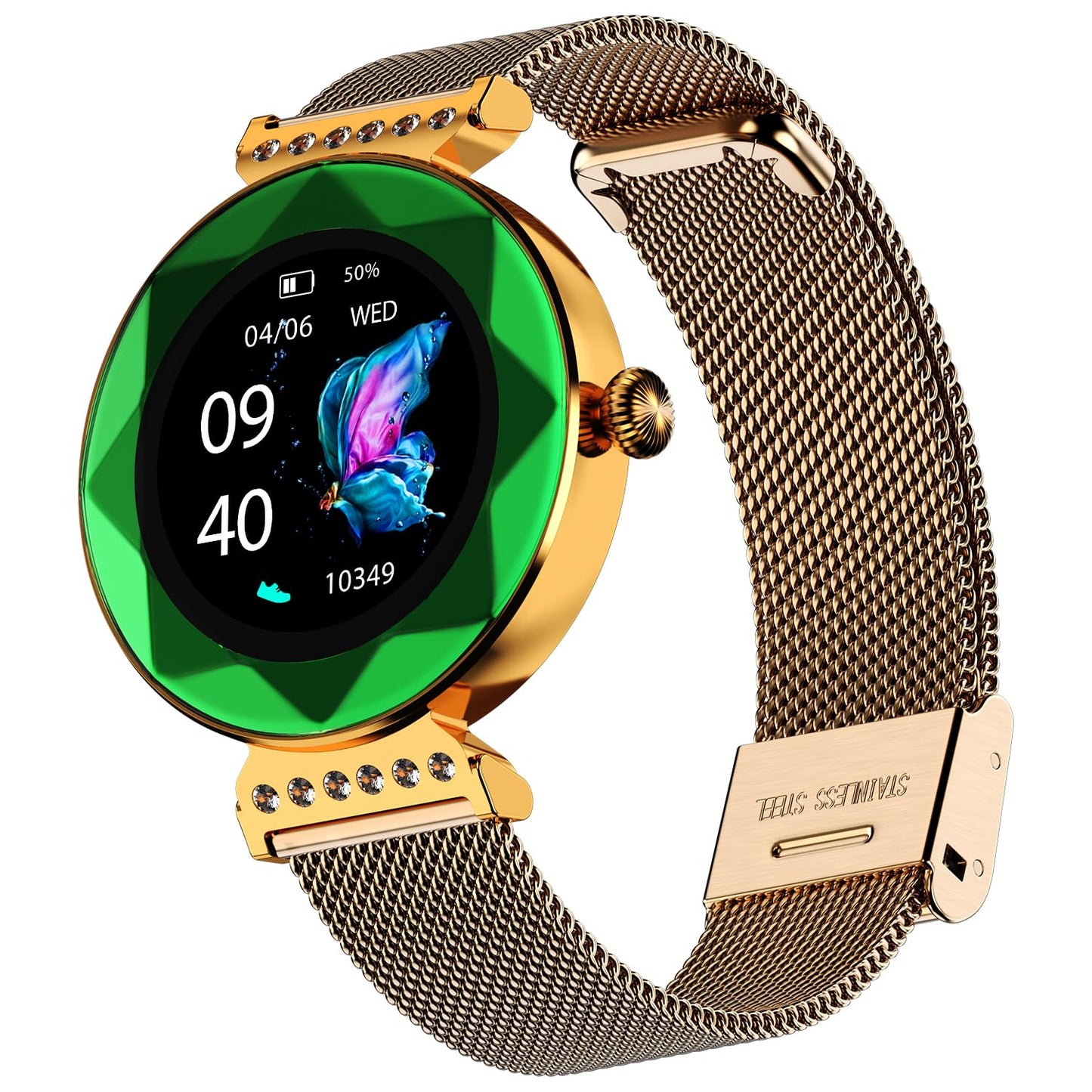 Fire-Boltt Emerald Gemstone-Studded Diamond Cut Smart Watch with 1.09” HD Display, Multiple Sports Modes, Health Suite, Wireless Charging, IP68 with Additional Stainless Steel Strap (Green)