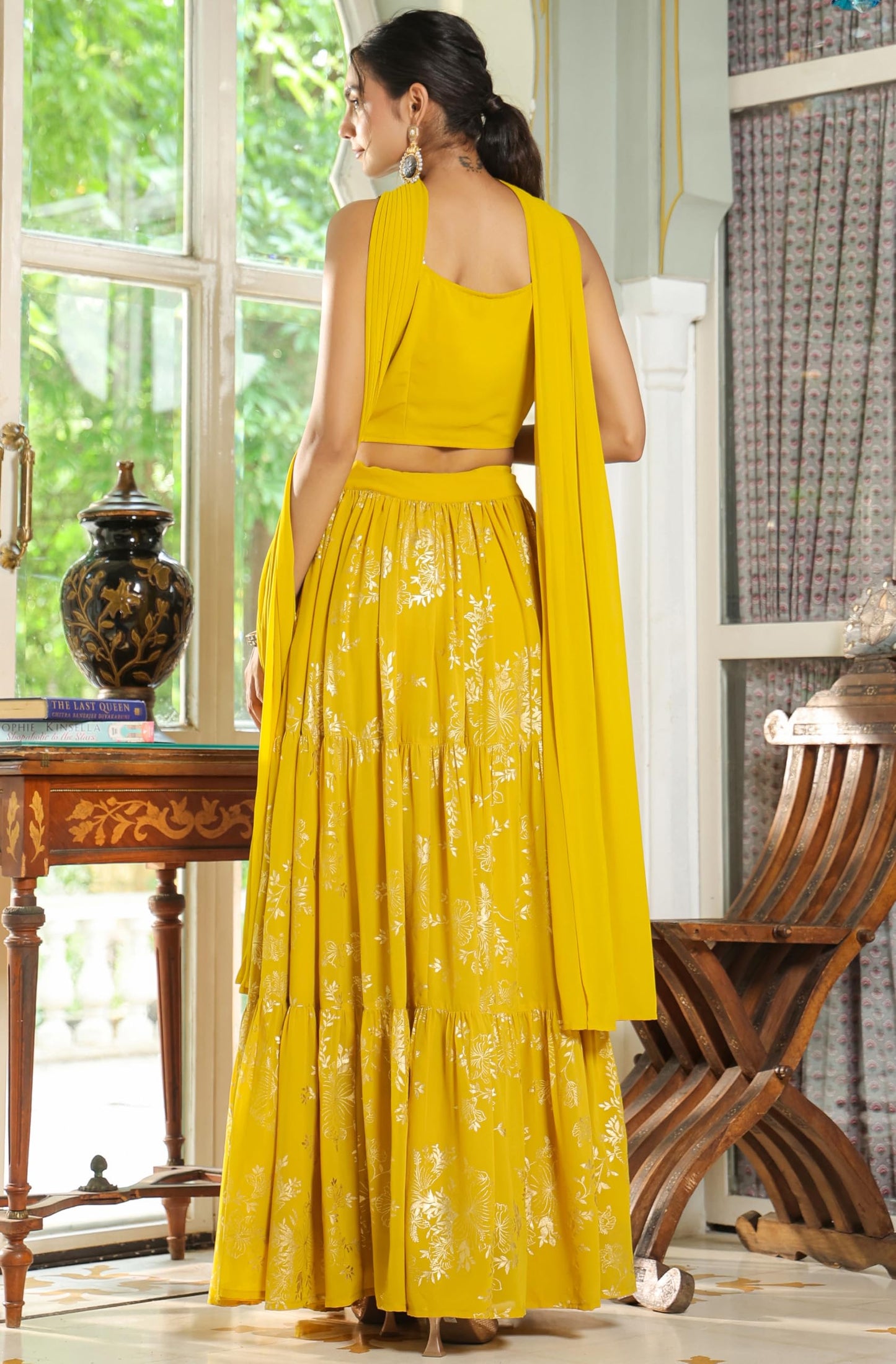 Janasya Women's Yellow Georgette Embellished Foil Printed Tiered Lehenga Choli Set (JAB24LC00481-A-XXL)