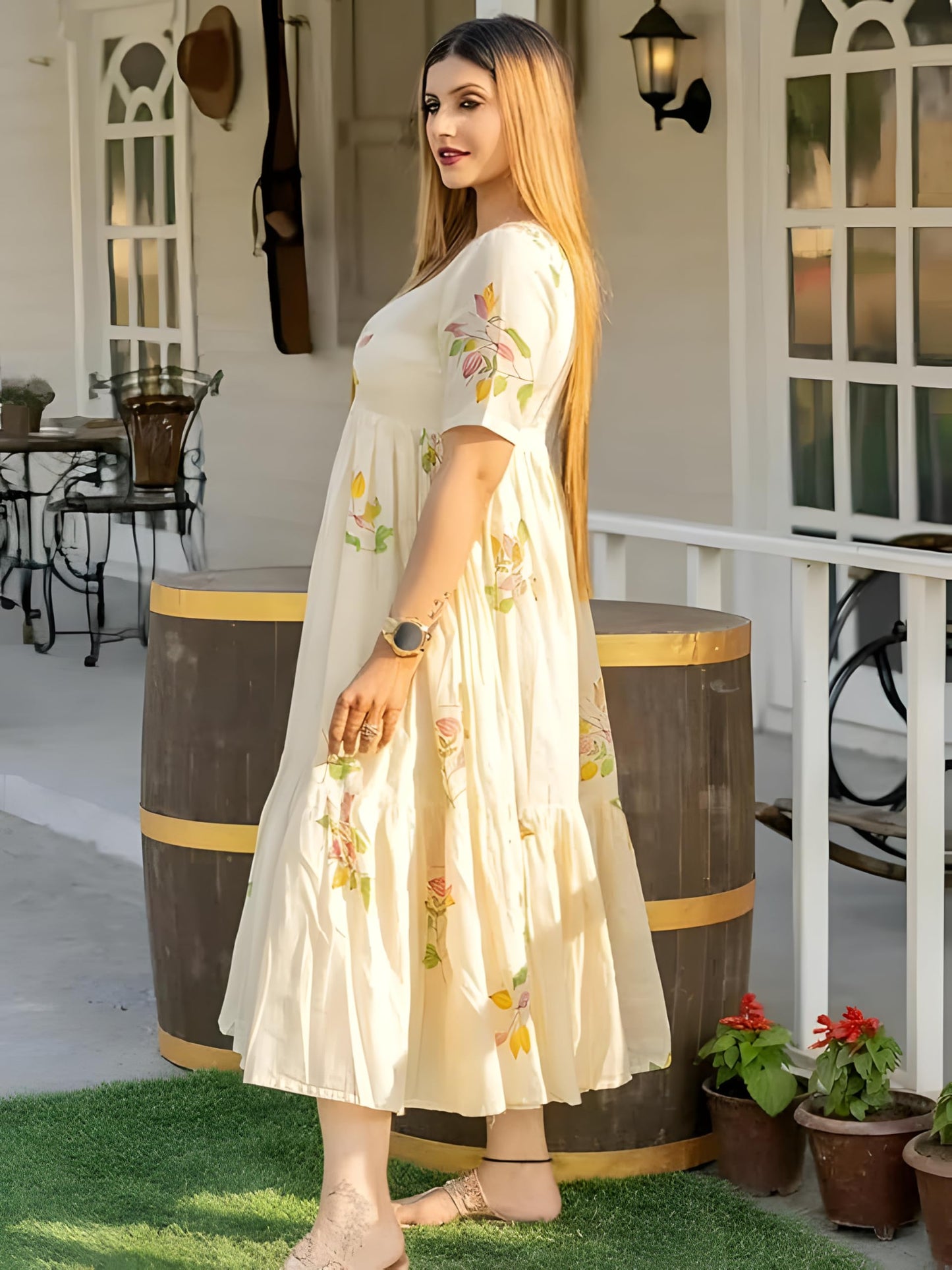 eightone Girl's & Women's Floral A-line Kurti Fit and Flare Cotton Midi One Piece Stylish Maxi Long Frock Dress for Women (in, Alpha, 4XL, Cream White)