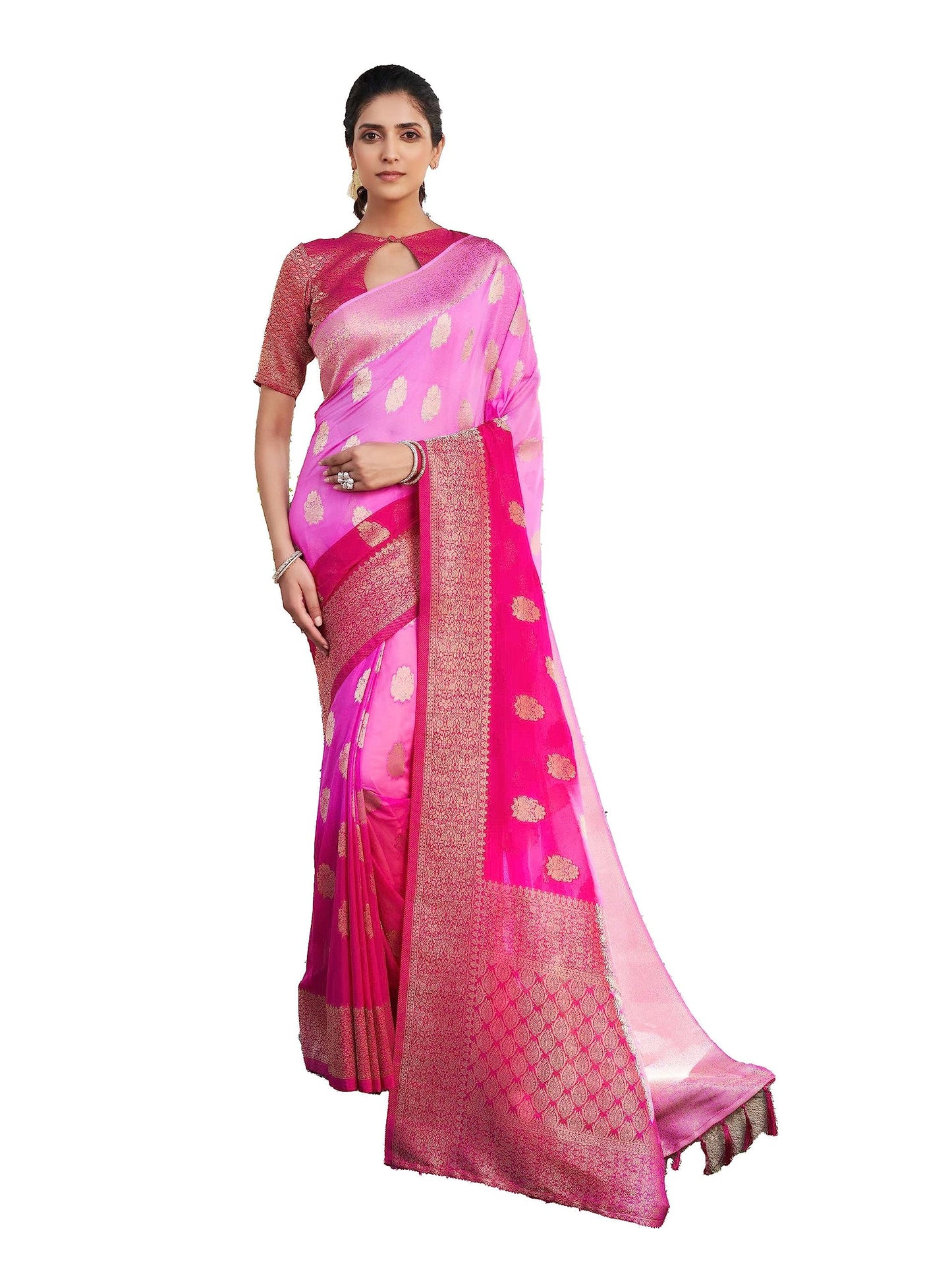 Vardha Women's Banarasi Georgette Saree with Unstitched Blouse Piece - Gold Zari Woven Work Sarees for Wedding (Mahika_676)
