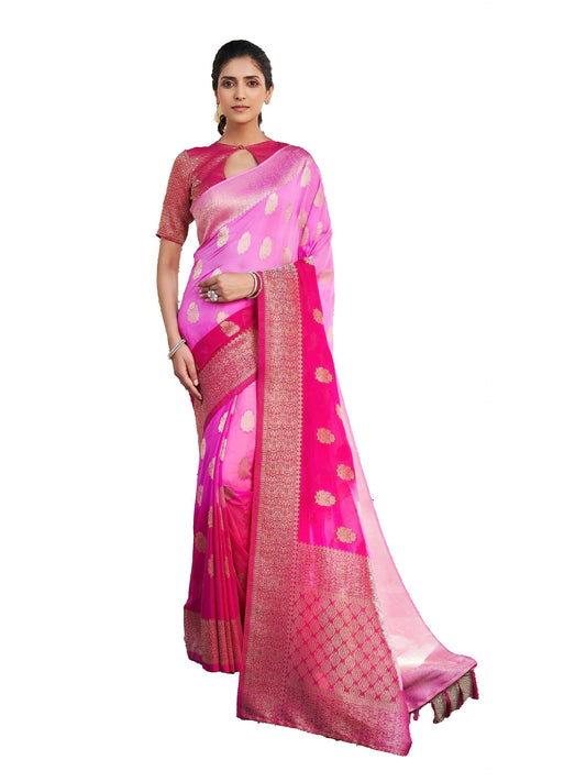 Vardha Women's Banarasi Georgette Saree with Unstitched Blouse Piece - Gold Zari Woven Work Sarees for Wedding (Mahika_676)
