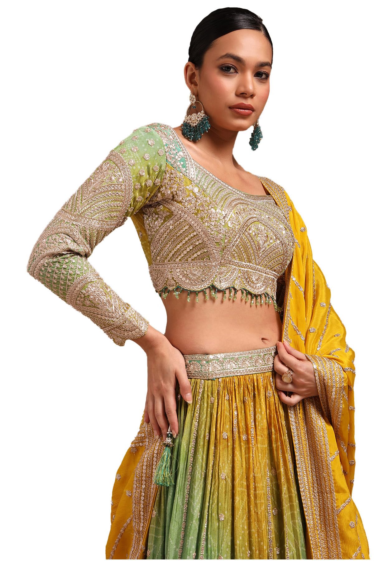 Soch Womens Green Viscose Bandhani Print Lehenga Choli With Zari