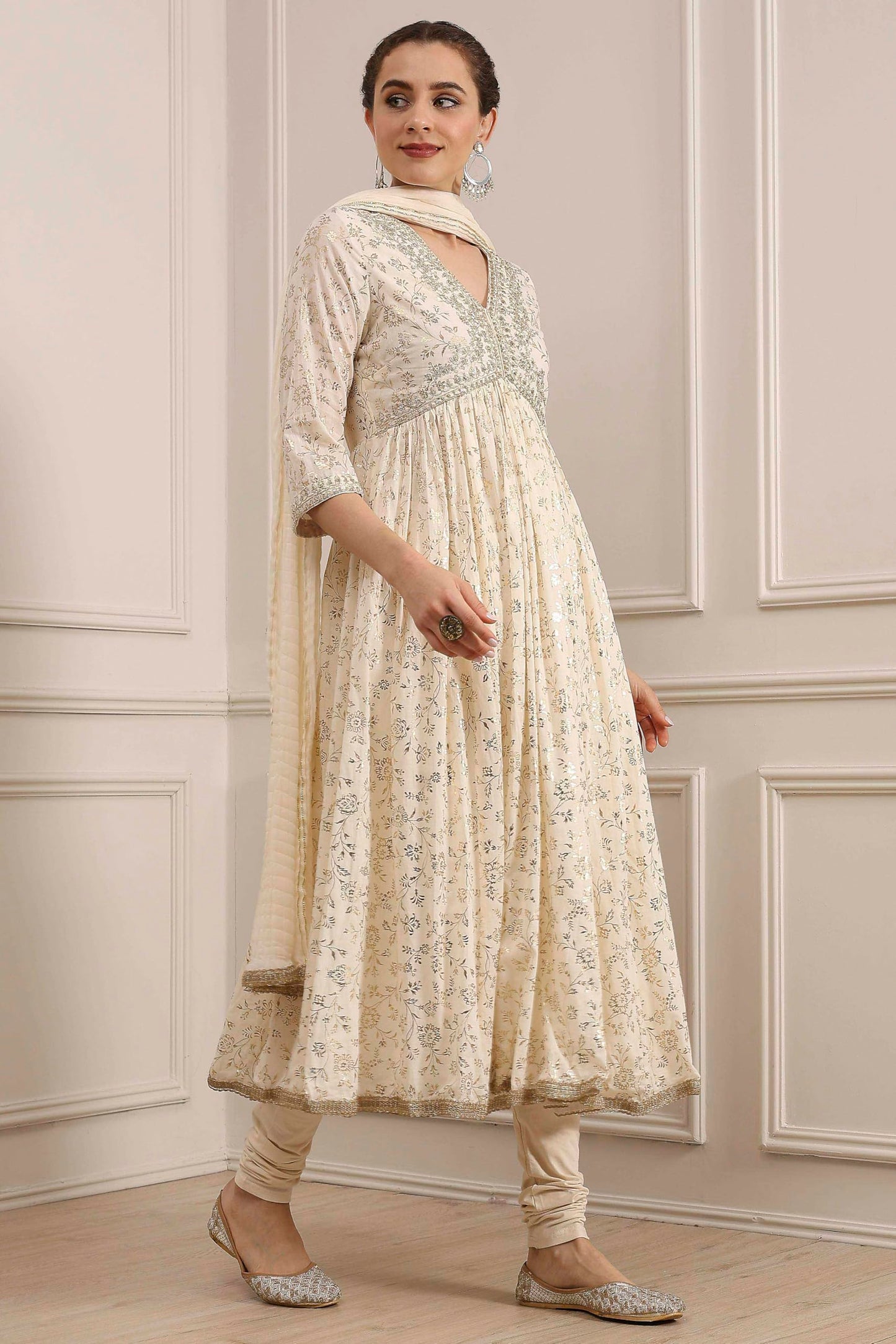 Biba Women's Cotton Kurta, Bottom, Dupatta (SKDMRIGL31132AW25OWHT