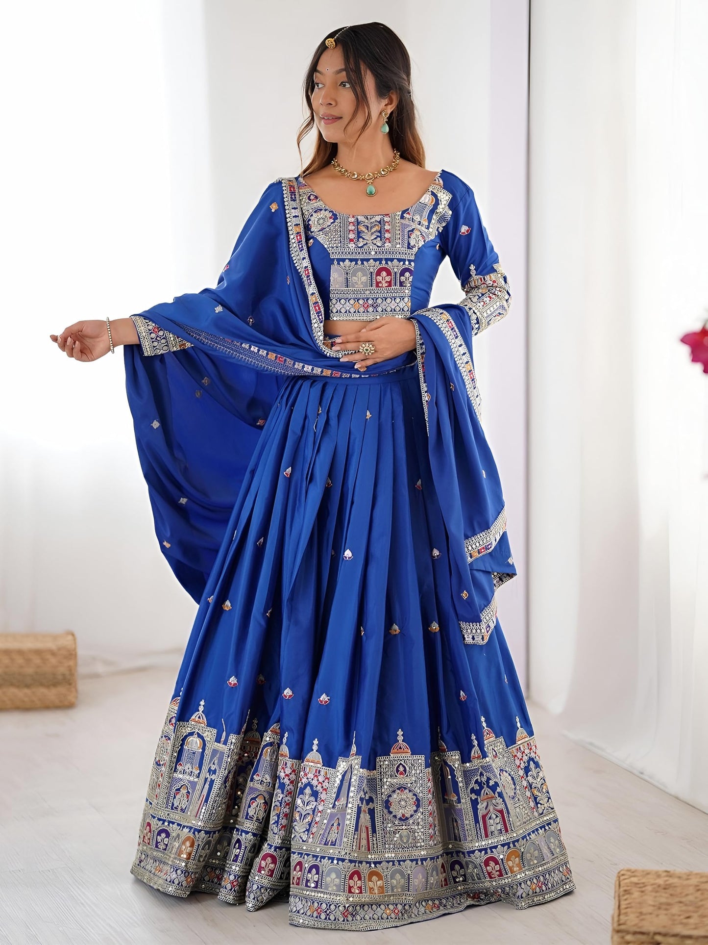 Zeel Clothing Women's Sequins Thread Embroidered French Crepe Lehenga Choli With Dupatta (5118-Royal-Blue-Women-Lehenga-Choli; Free size) (Royal Blue)