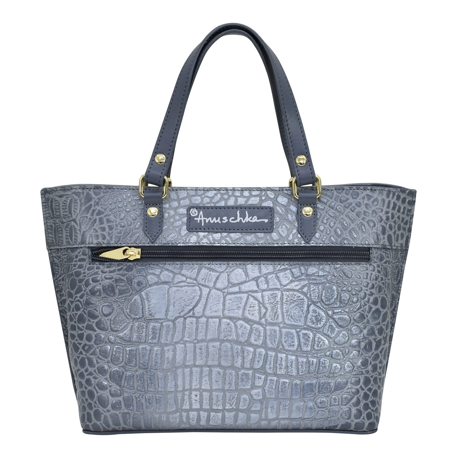 Anuschka Women’s Hand-Painted Genuine Leather Small Tote - Croco Embossed Silver/Grey