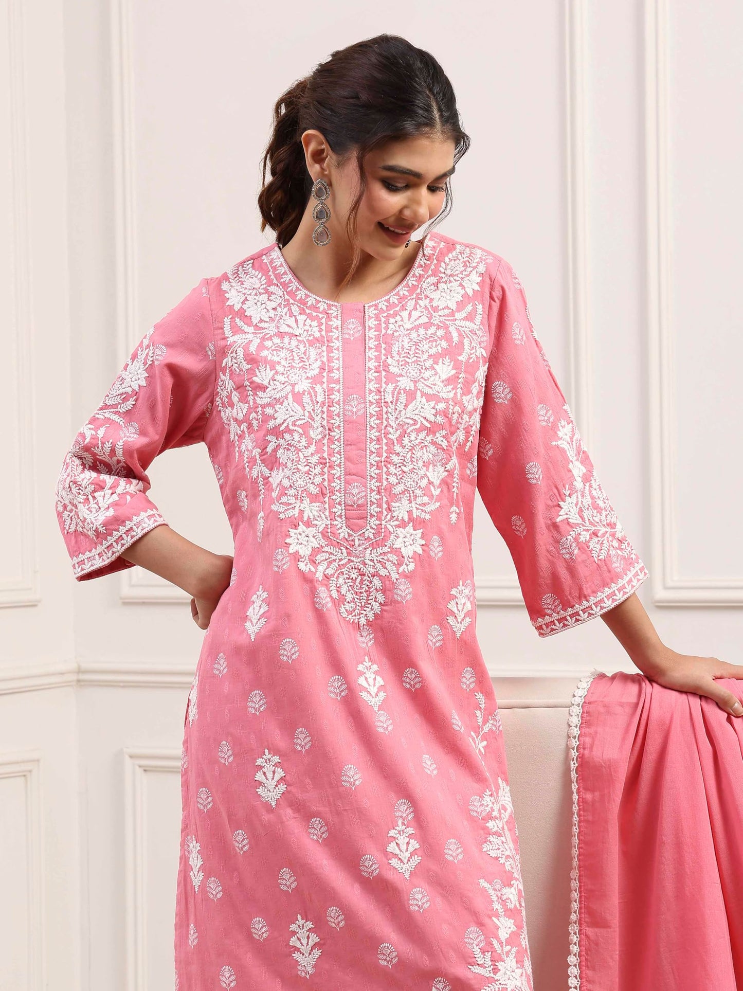Biba Women Pink Cotton Straight Suit Set_36